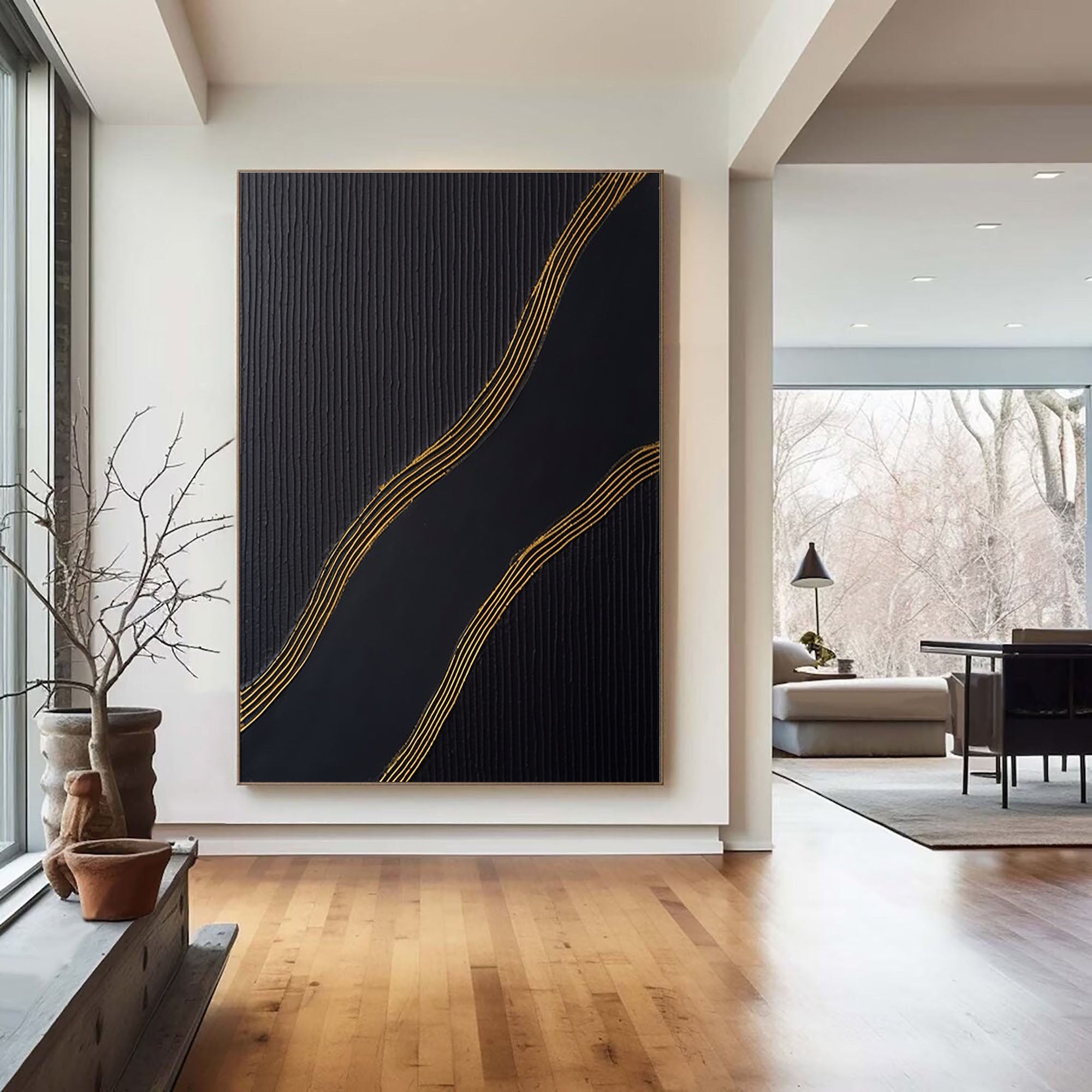 Large Black and Gold Abstract Canvas Art for Home Decor #BM 025