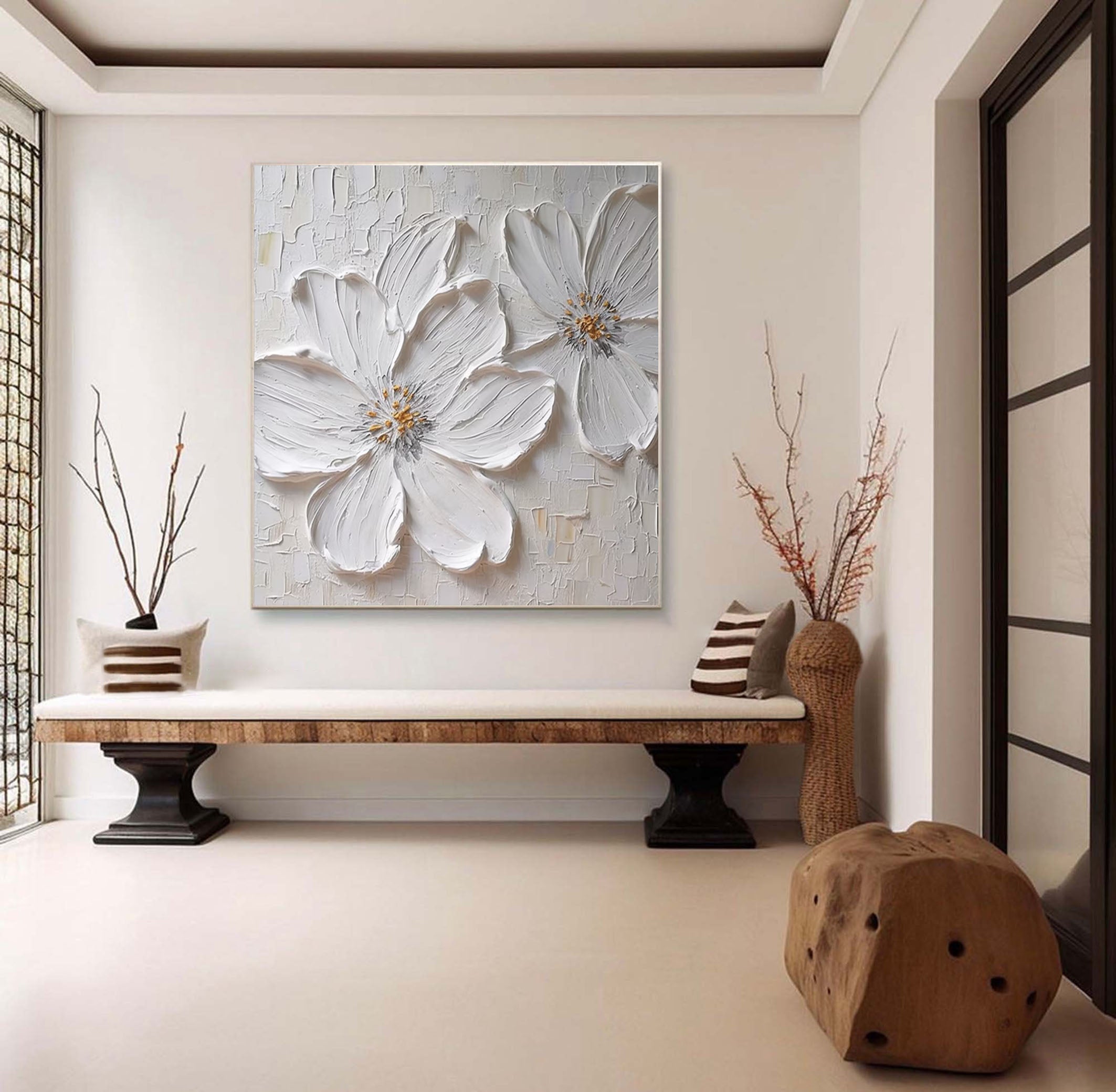 Textured White Blossom Canvas Art Luxurious Floral Wall Decor #FT 029