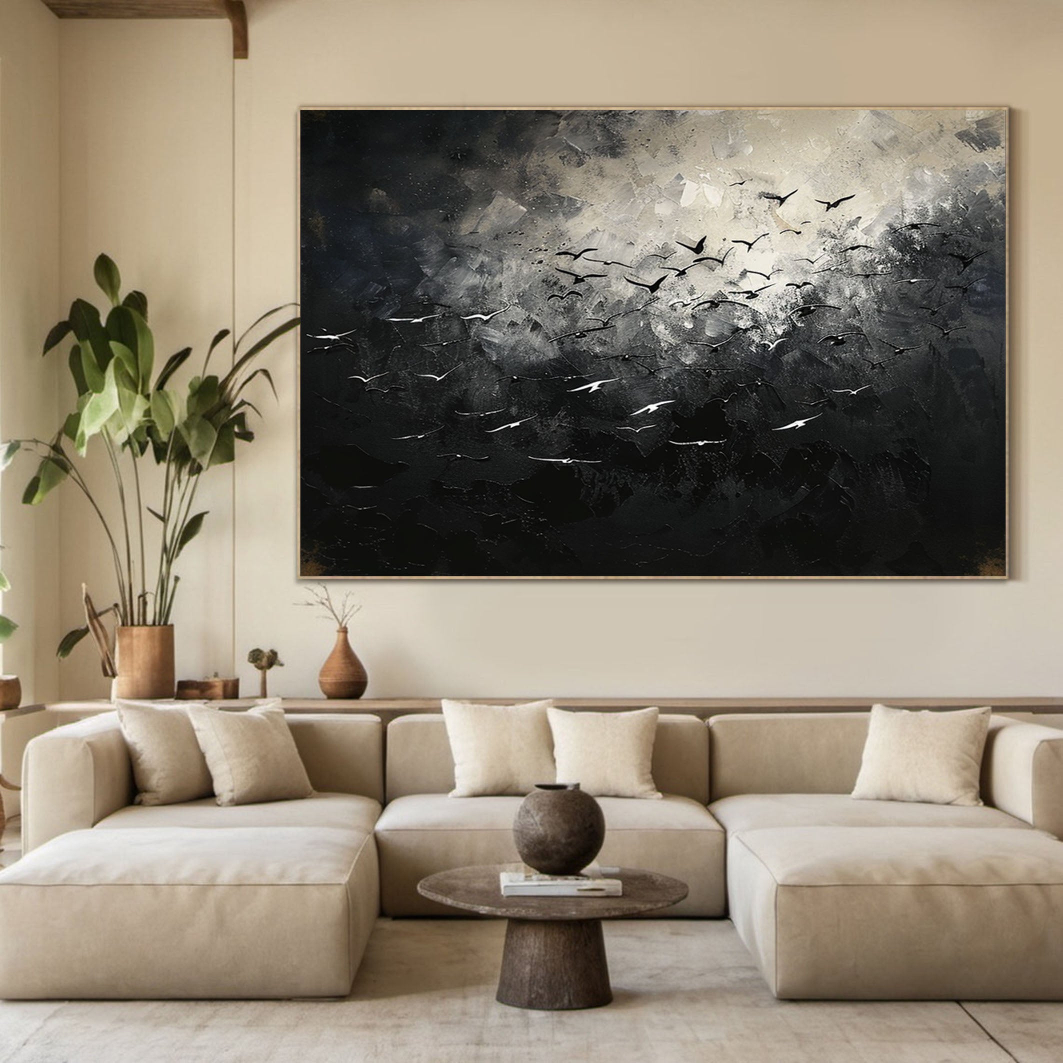 Majestic Birds in Flight Abstract Art Large Black and White Canvas #BM 060