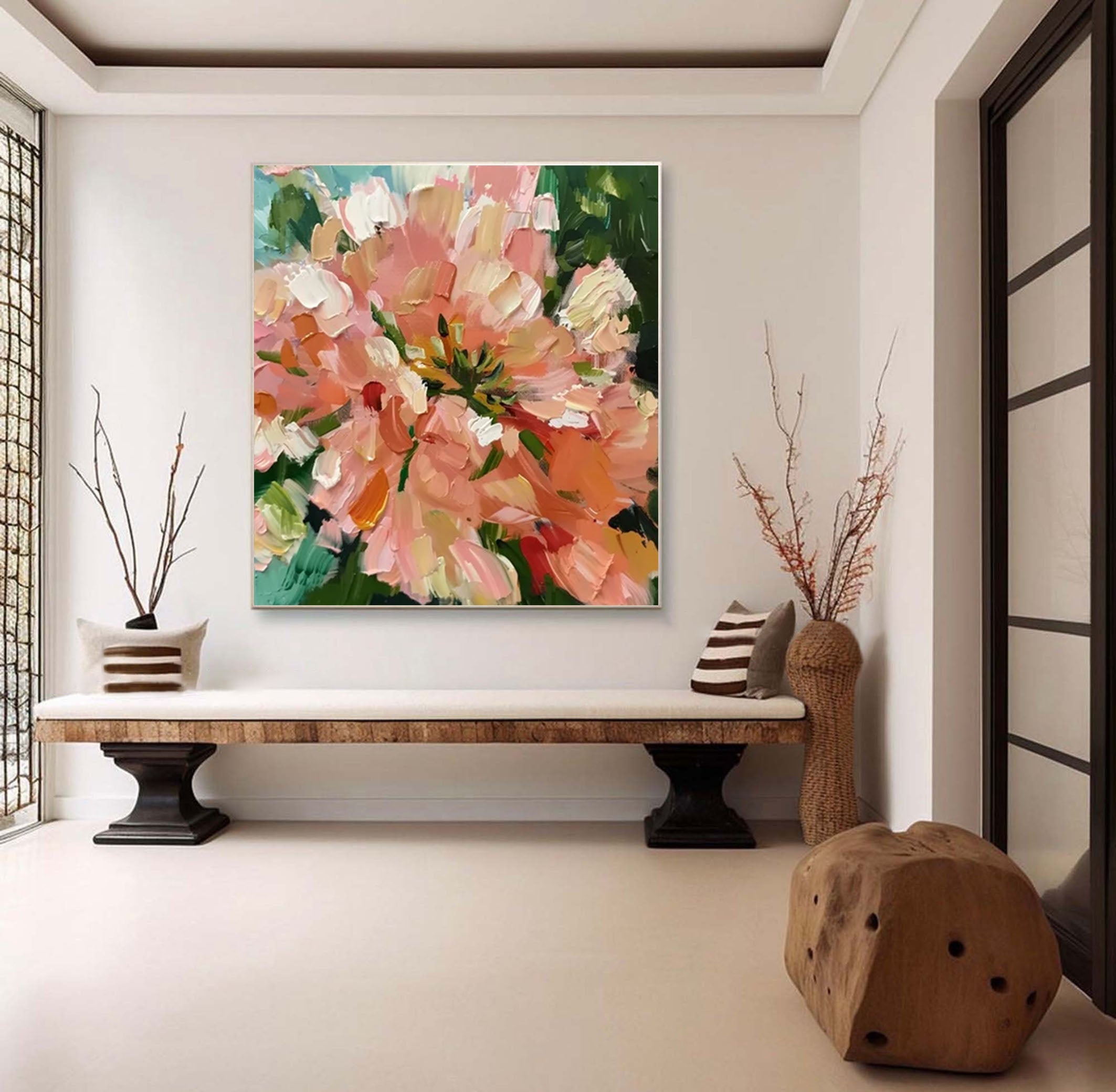 Blossoming Pink Peonies Canvas Art Impressionist Floral Wall Decor #FT 027