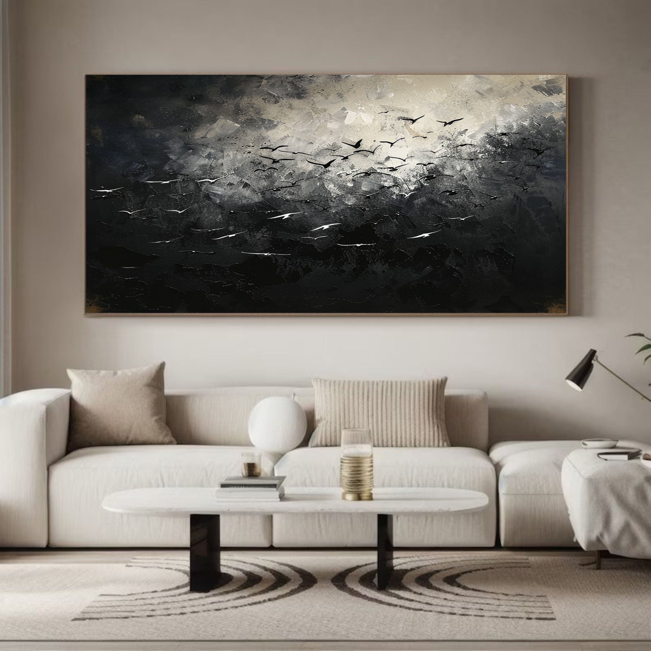 Majestic Birds in Flight Abstract Art Large Black and White Canvas #BM 060