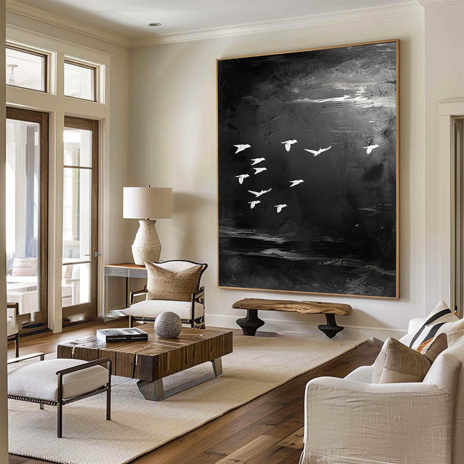 Majestic Birds in Flight Abstract Art Large Black and White Canvas #BM 048