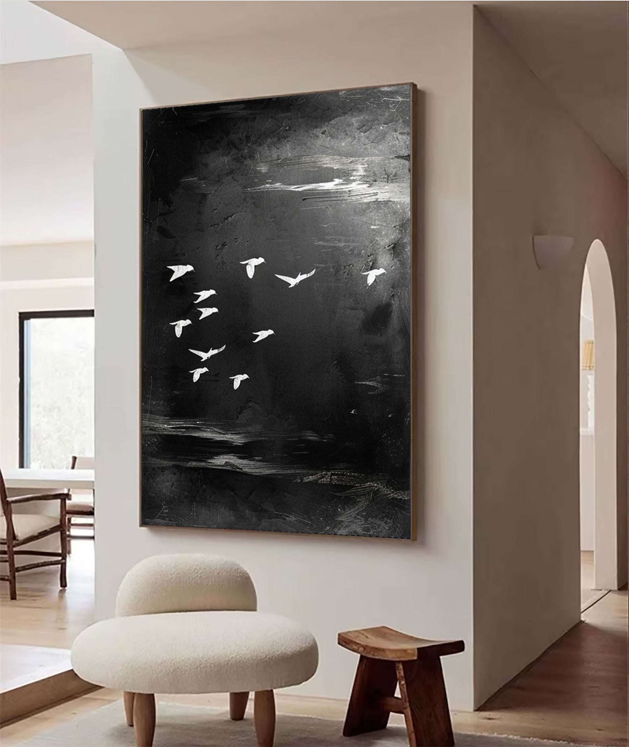 Majestic Birds in Flight Abstract Art Large Black and White Canvas #BM 048