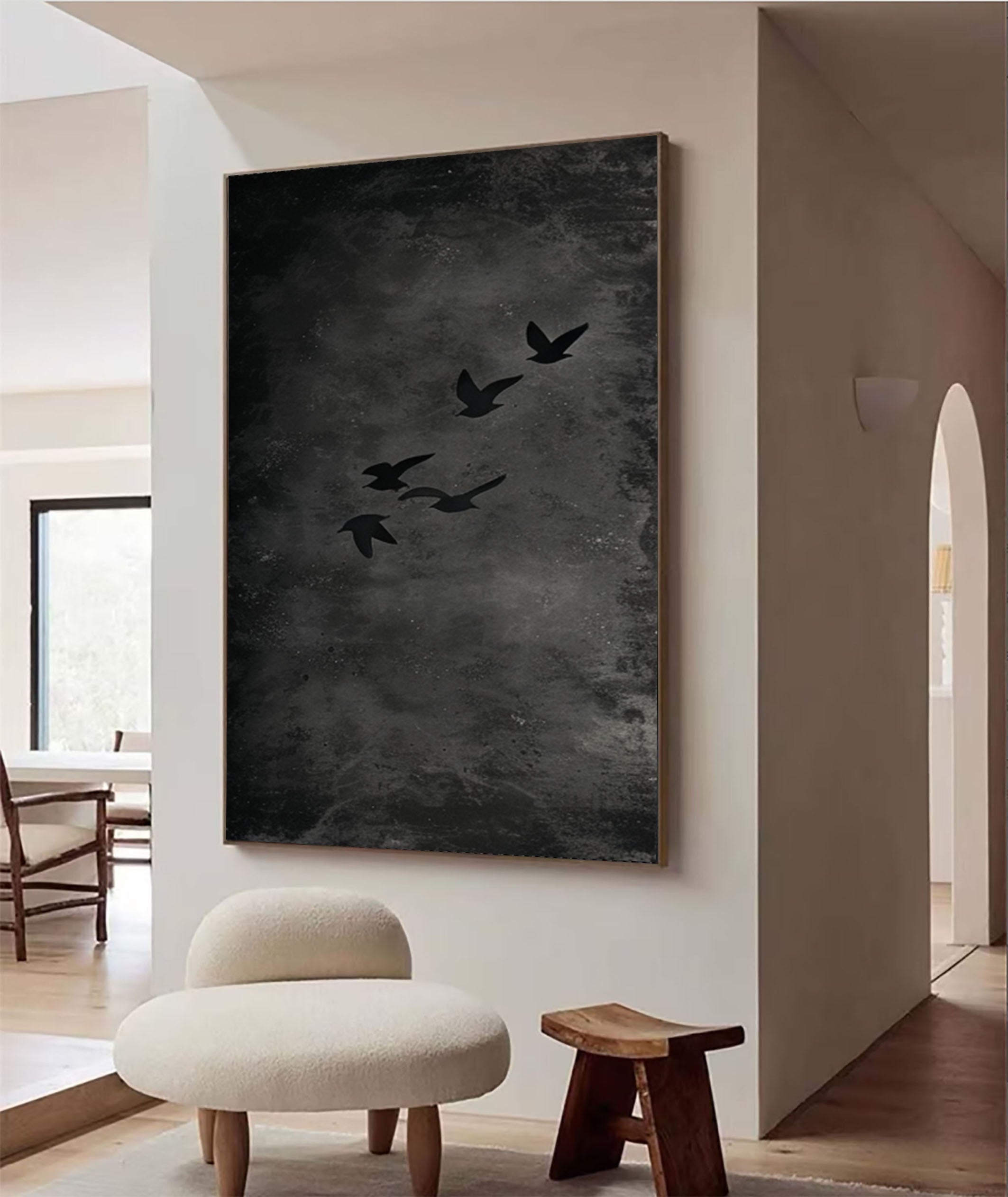 Mystical Birds Abstract Wall Art Black and White Textured Canvas #BM 055