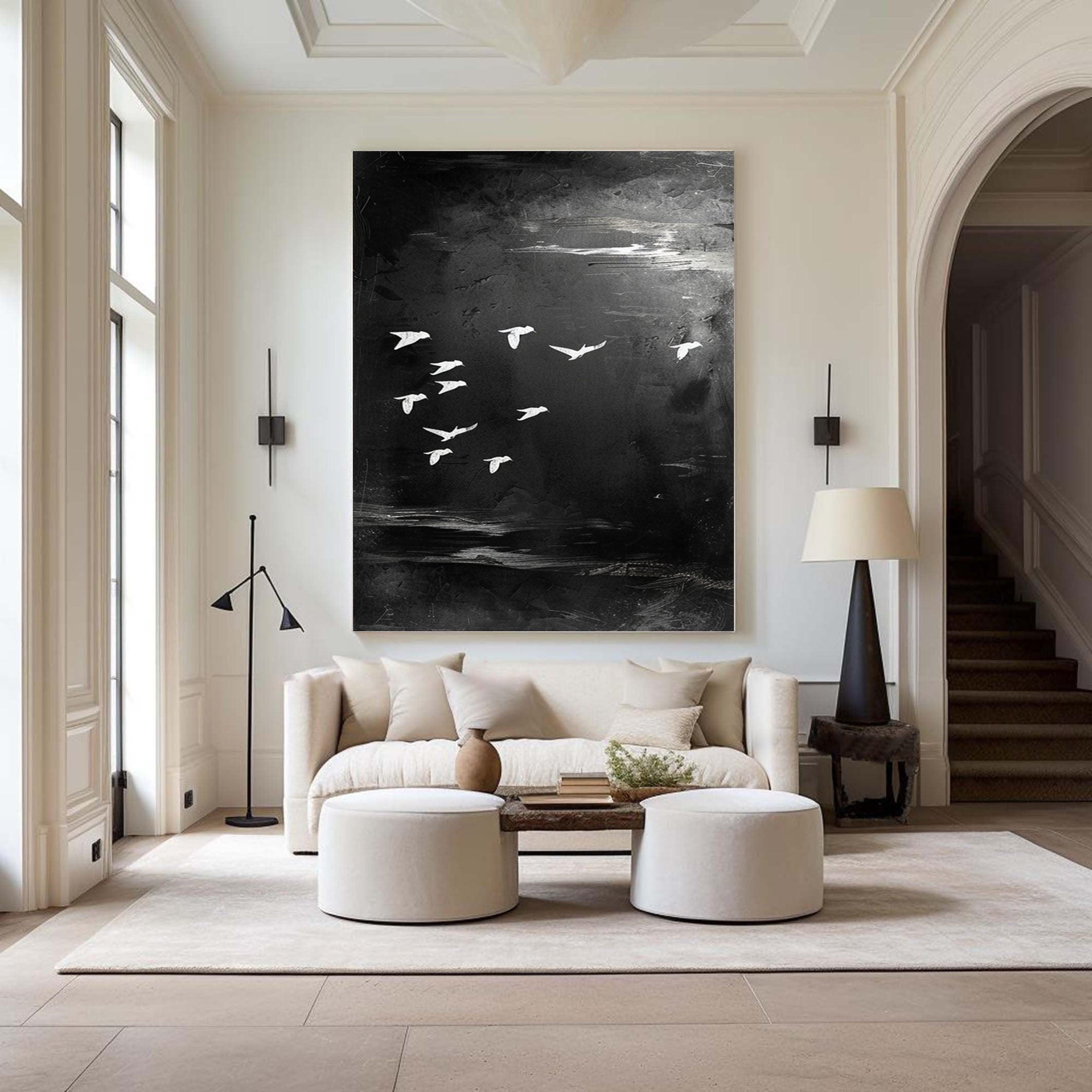 Majestic Birds in Flight Abstract Art Large Black and White Canvas #BM 048