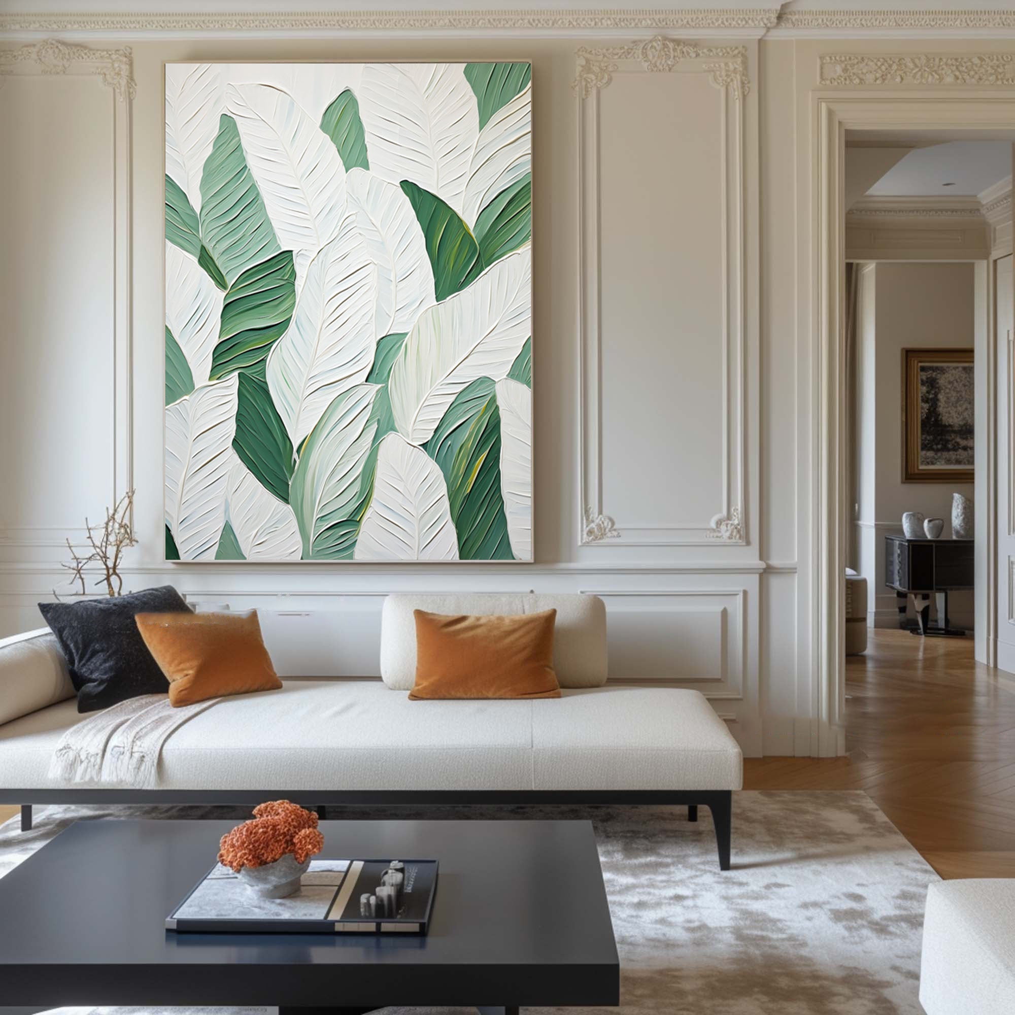 Green and White Leaf Canvas Art #BGM 031