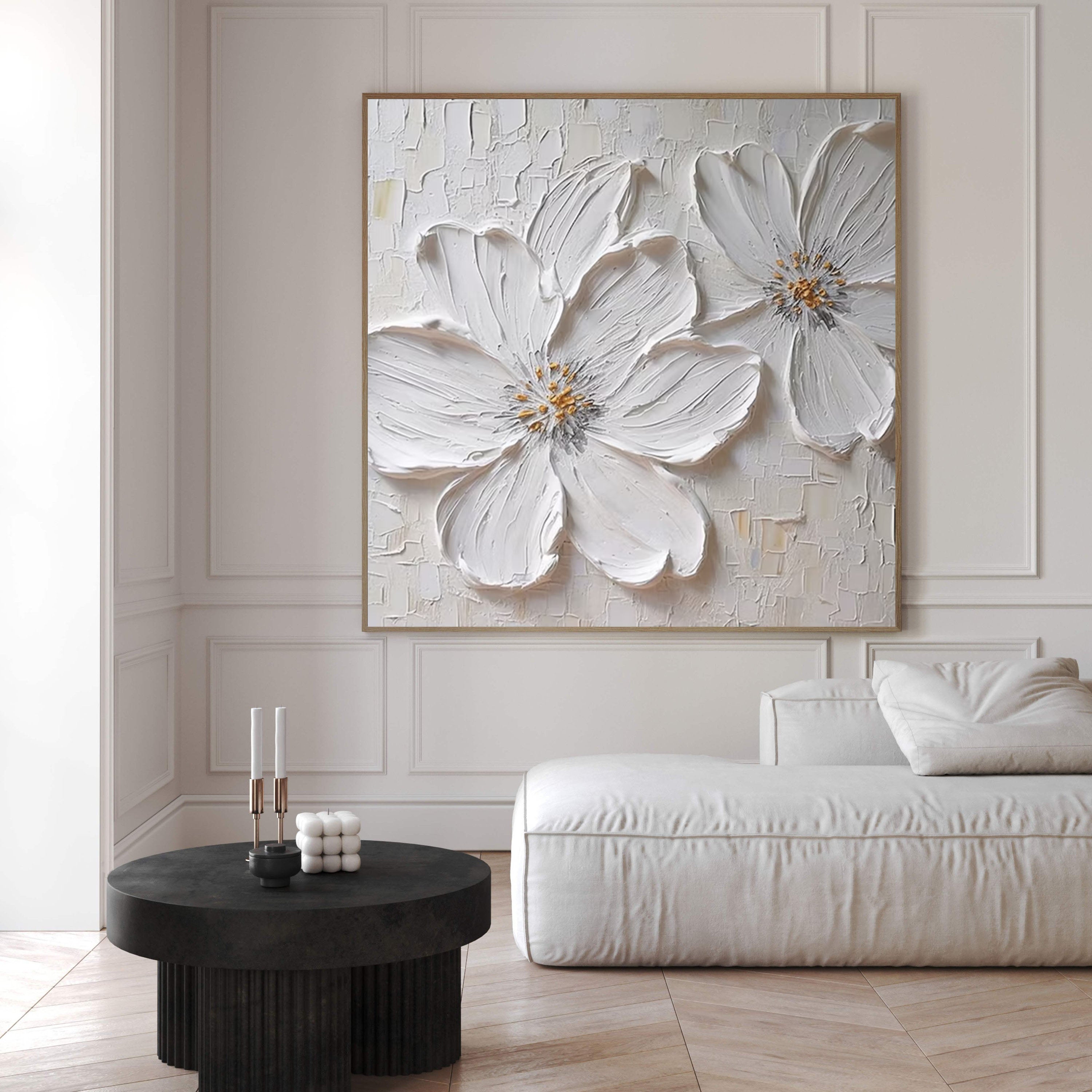 Textured White Blossom Canvas Art Luxurious Floral Wall Decor #FT 029