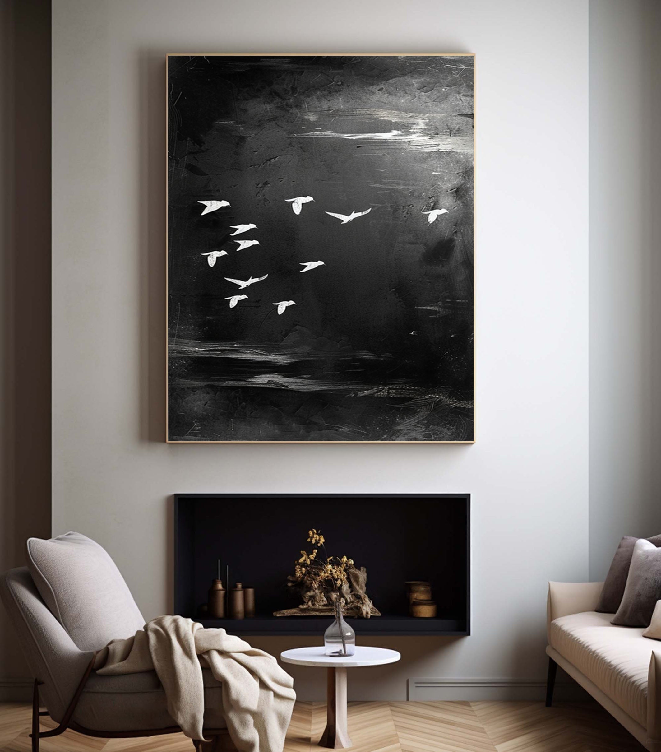 Majestic Birds in Flight Abstract Art Large Black and White Canvas #BM 048