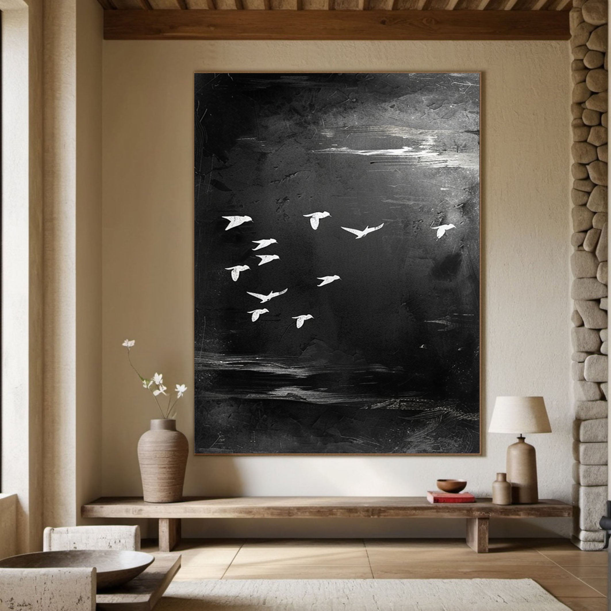 Majestic Birds in Flight Abstract Art Large Black and White Canvas #BM 048