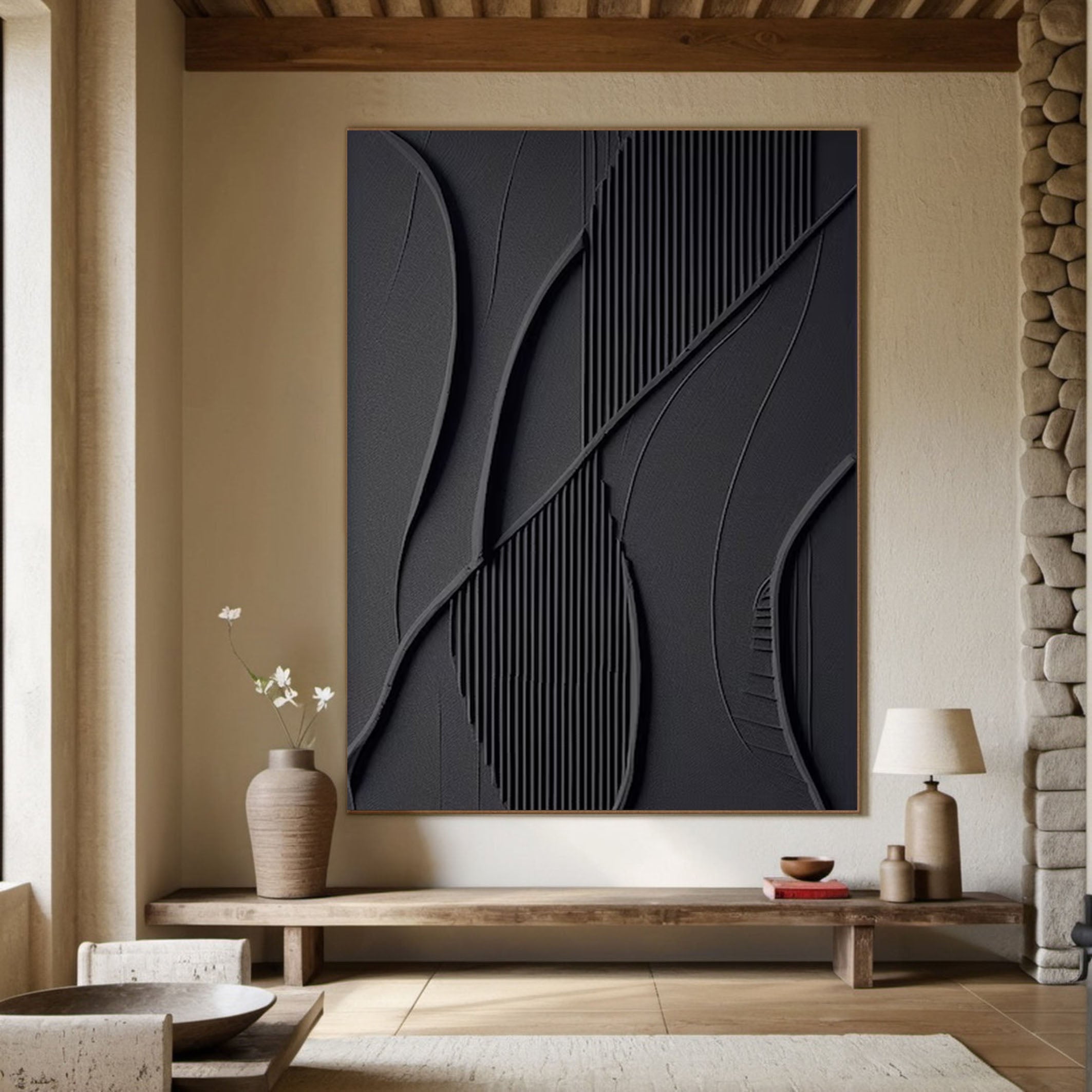 Modern Black Textured Abstract Art Sleek Large Wall Canvas #BM 051