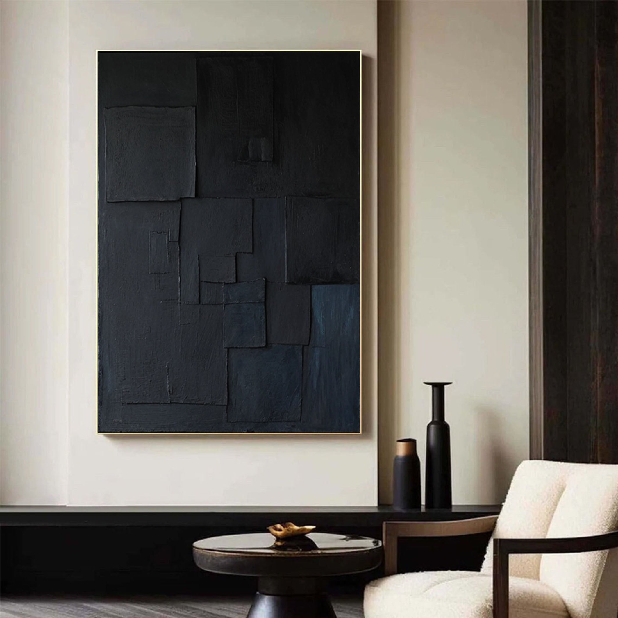 Elegant Minimalist Black Art Abstract Textured Paintings for Chic Interiors #BM 047