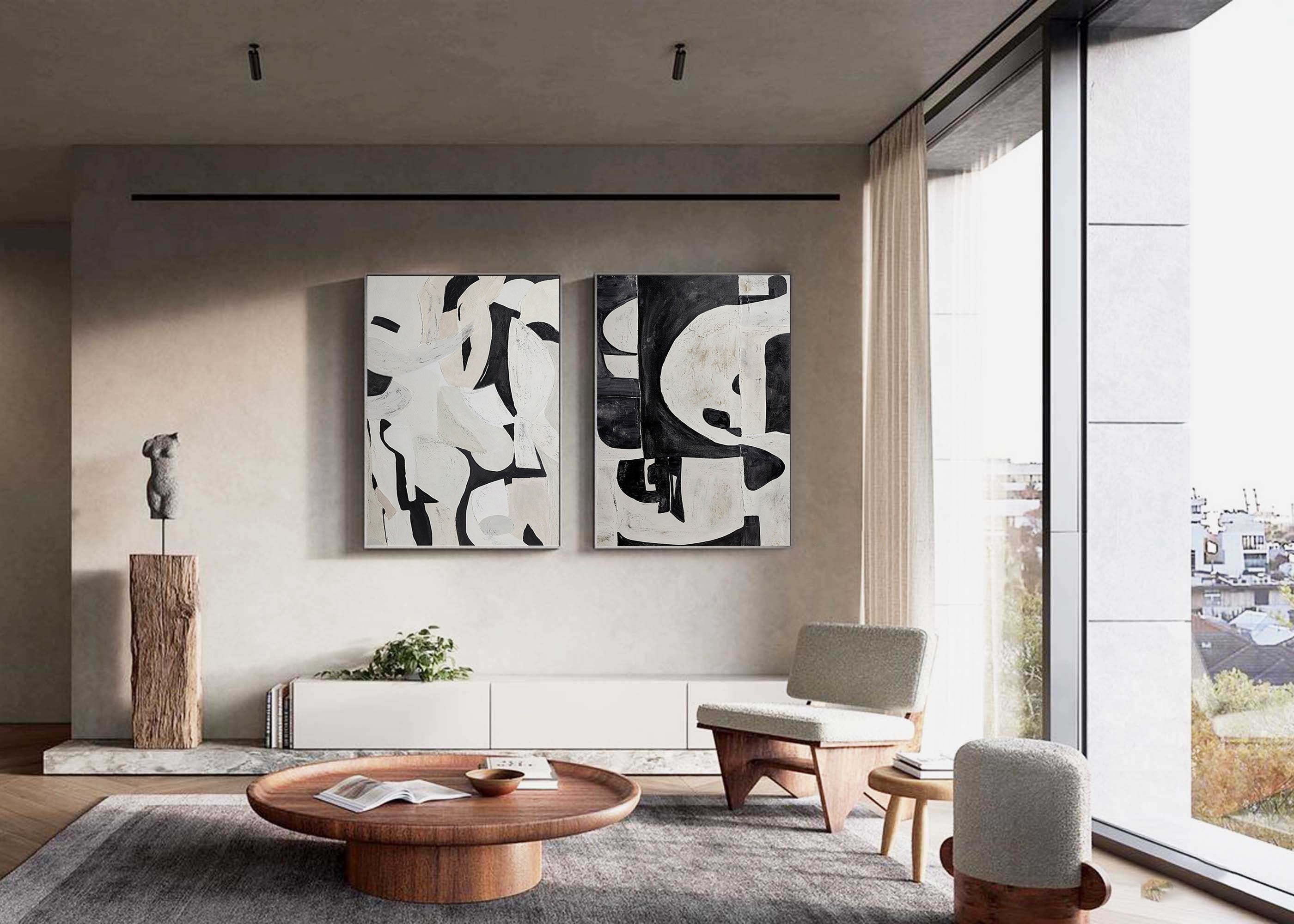 Black & White Abstract  Painting  SET OF 2 #LL 009