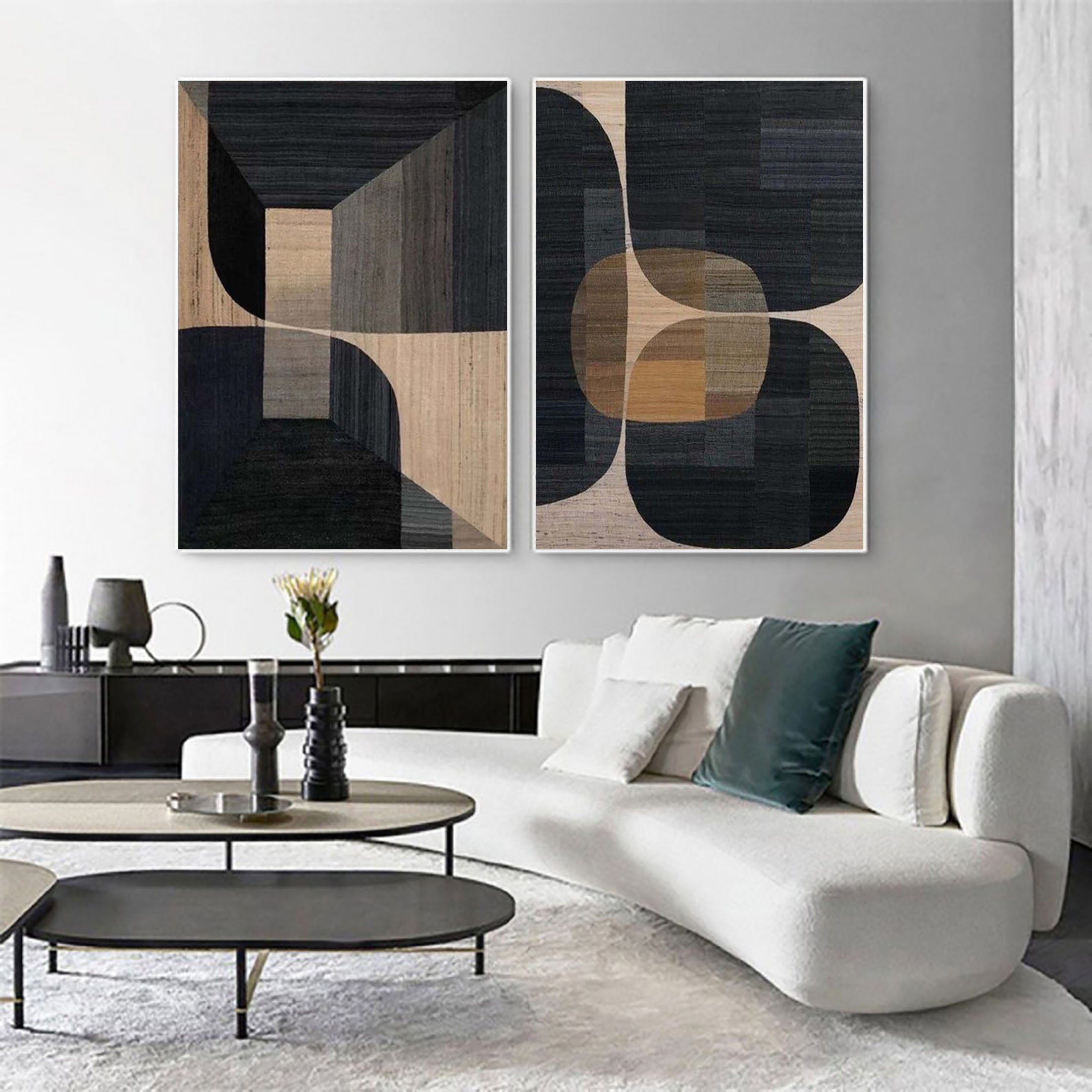 Beige & Brown Abstract Painting SET OF 2 #LL 014