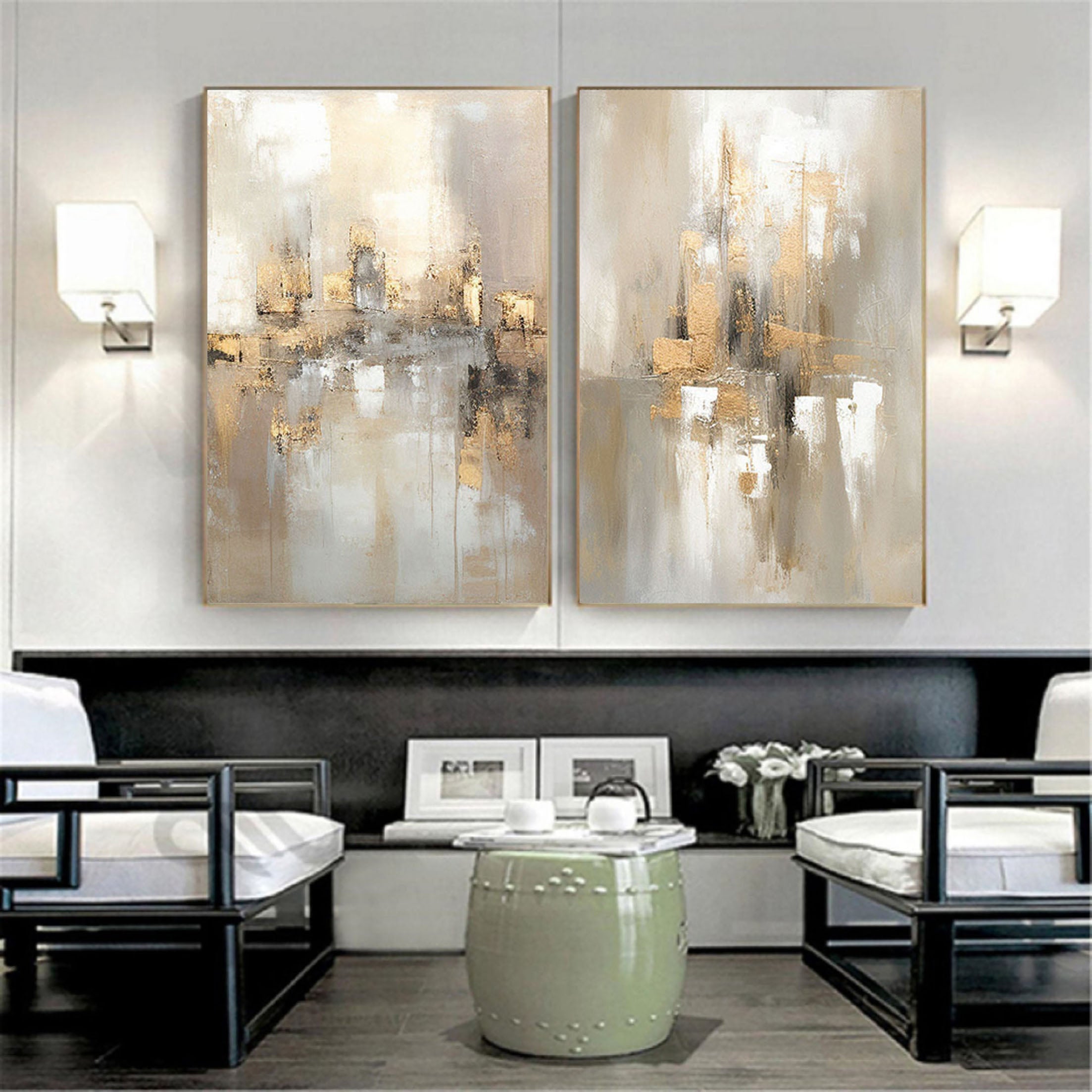 Beige & Brown Abstract Painting SET OF 2 #CXA 019