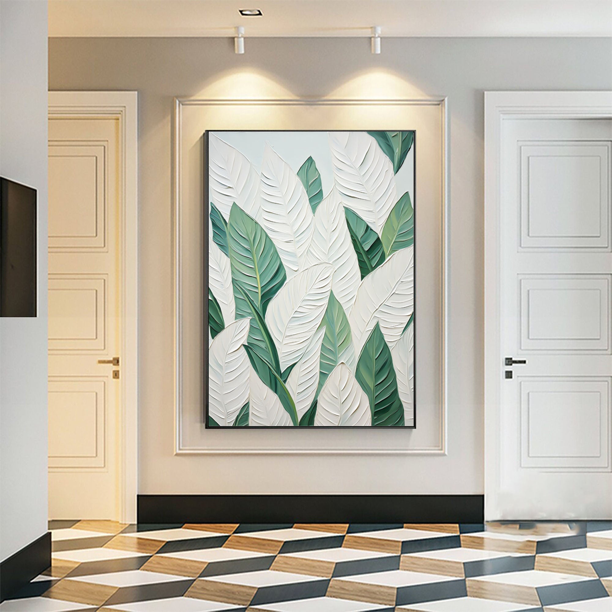 Green and White Leaf Canvas Art #BGM 029