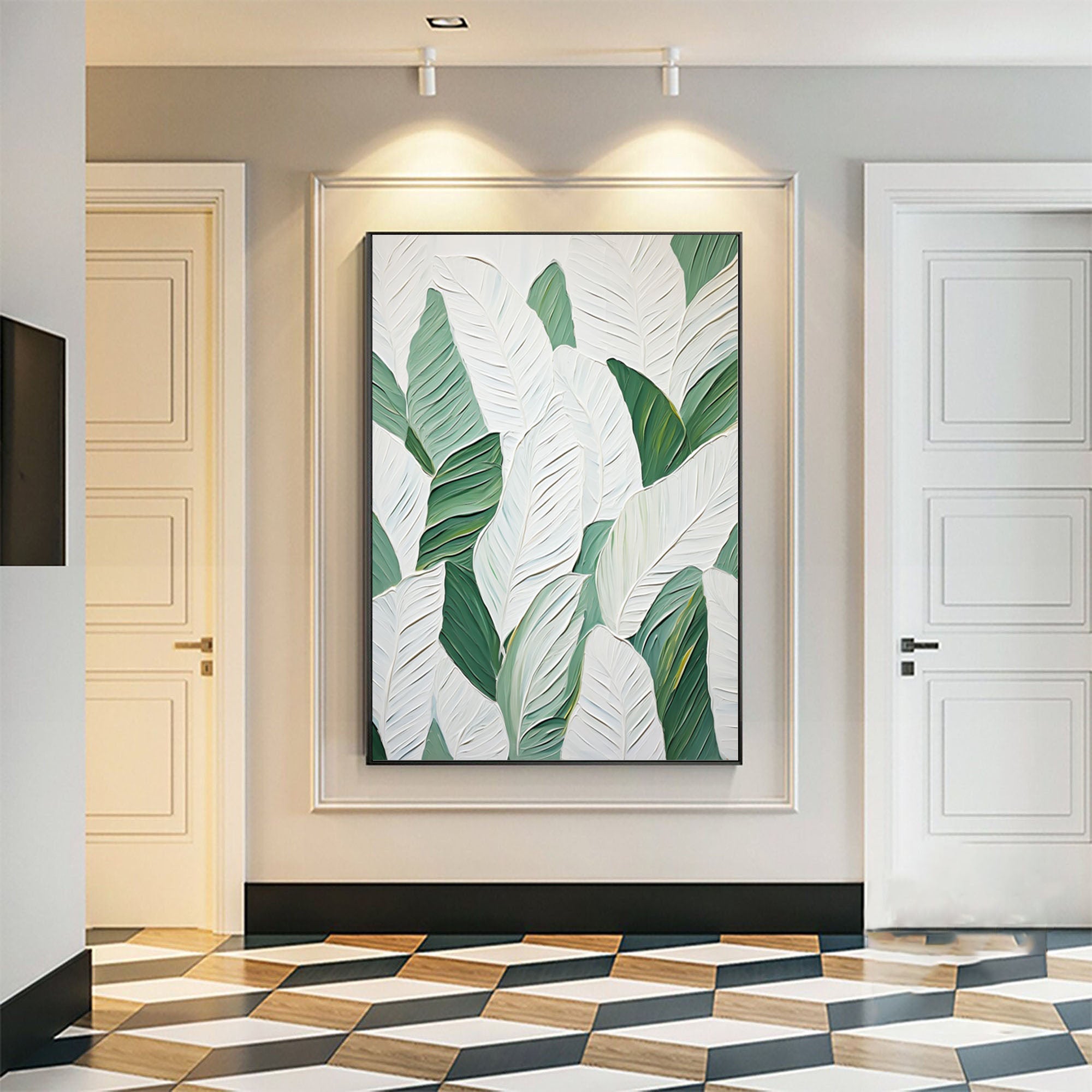 Green and White Leaf Canvas Art #BGM 031