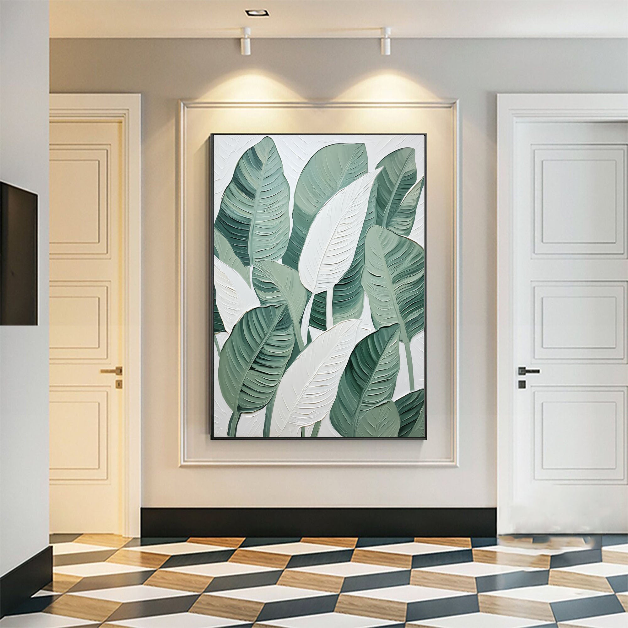 Green and White Leaf Canvas Art #BGM 030