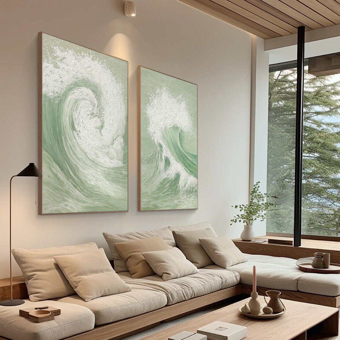 Green & White Abstract  Painting SET OF 2 #AVG 034