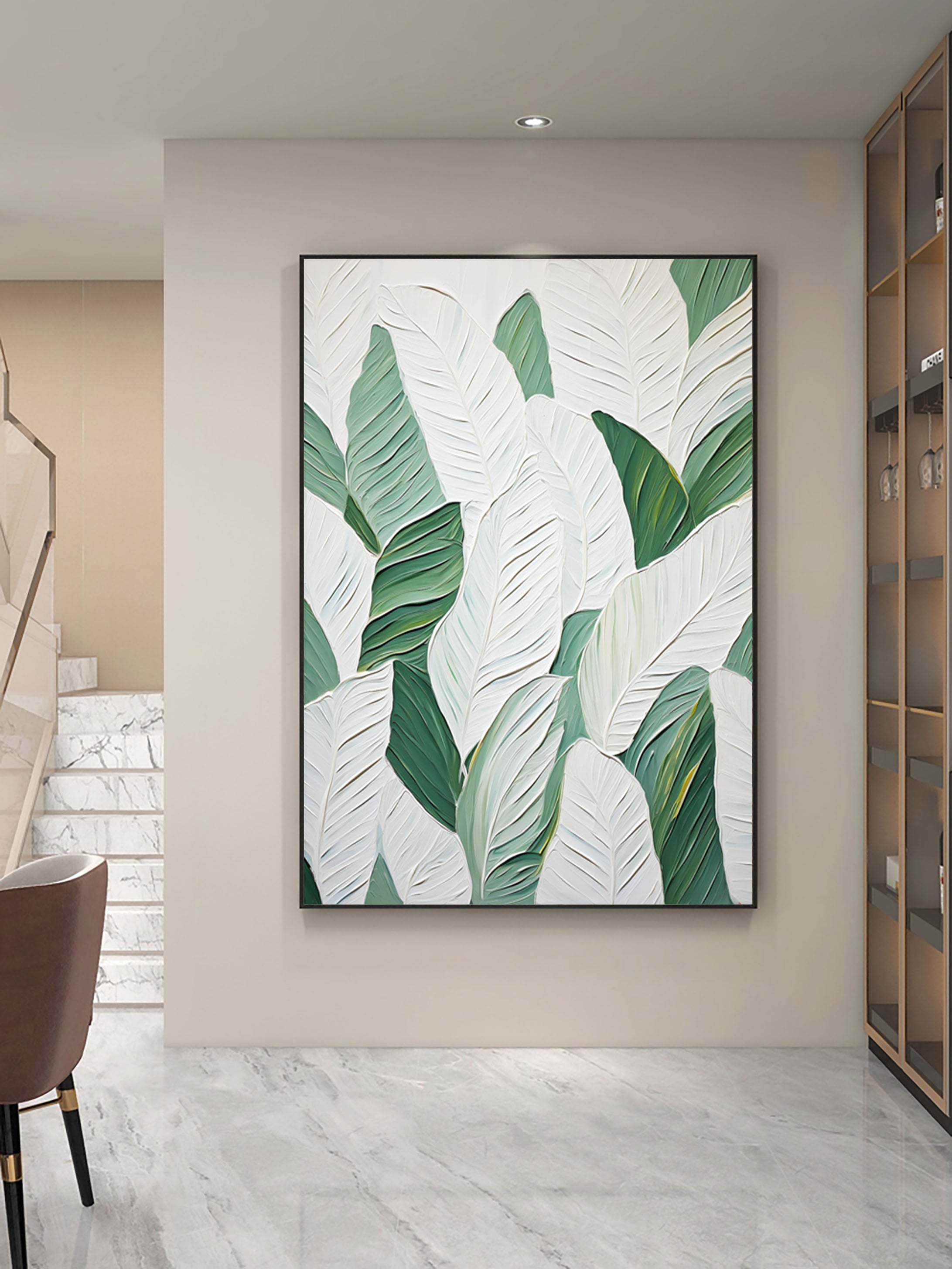 Green and White Leaf Canvas Art #BGM 031