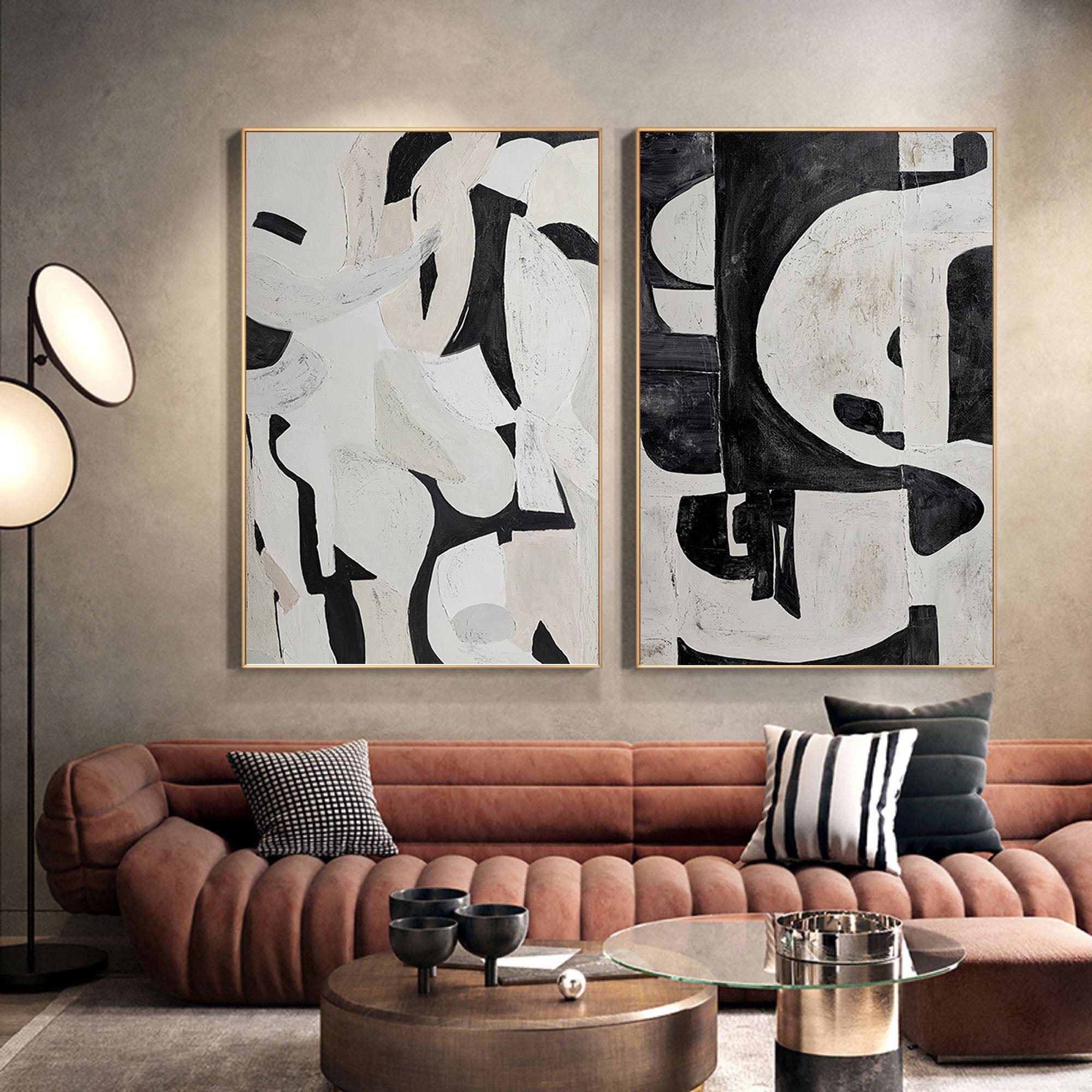 Black & White Abstract  Painting  SET OF 2 #LL 009