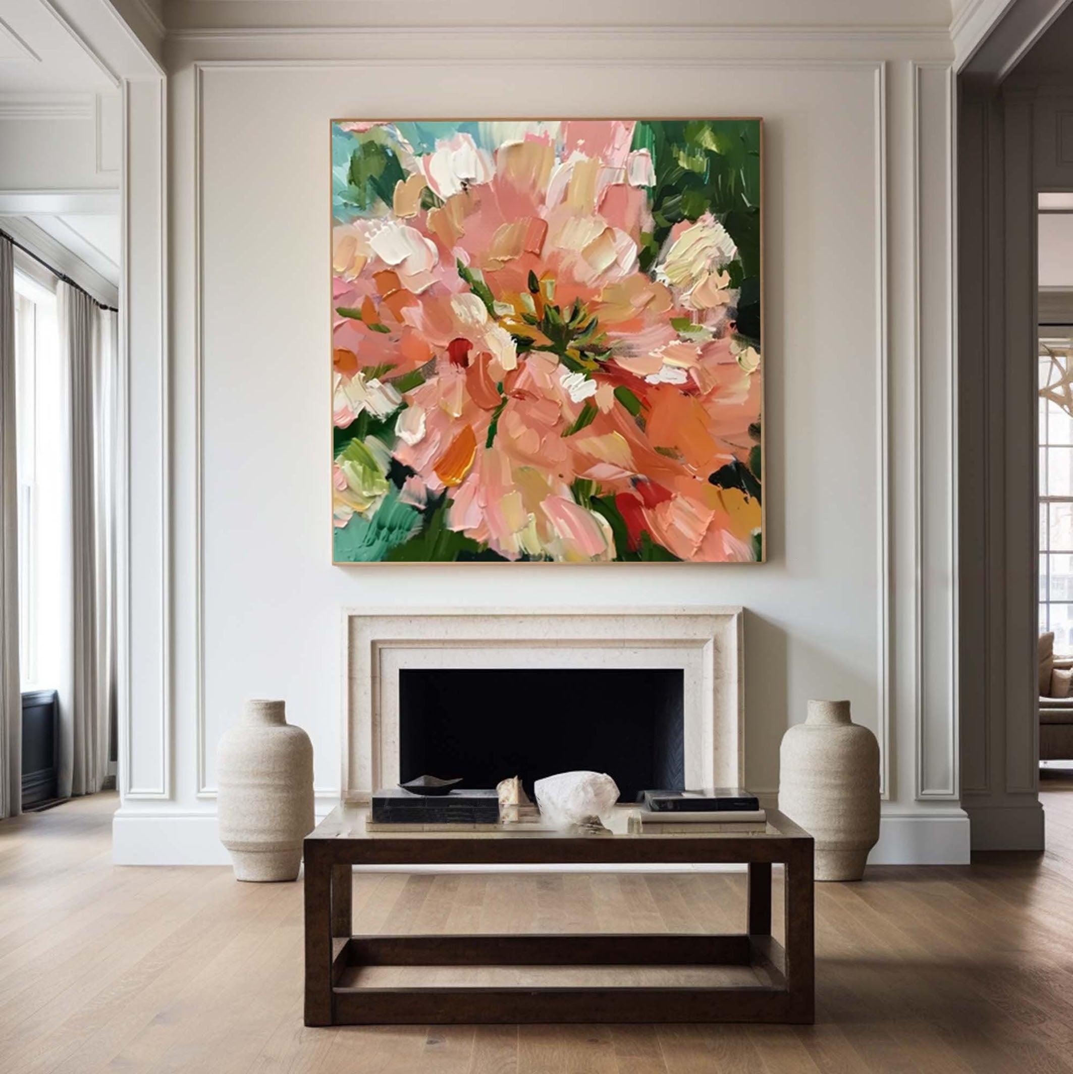 Blossoming Pink Peonies Canvas Art Impressionist Floral Wall Decor #FT 027