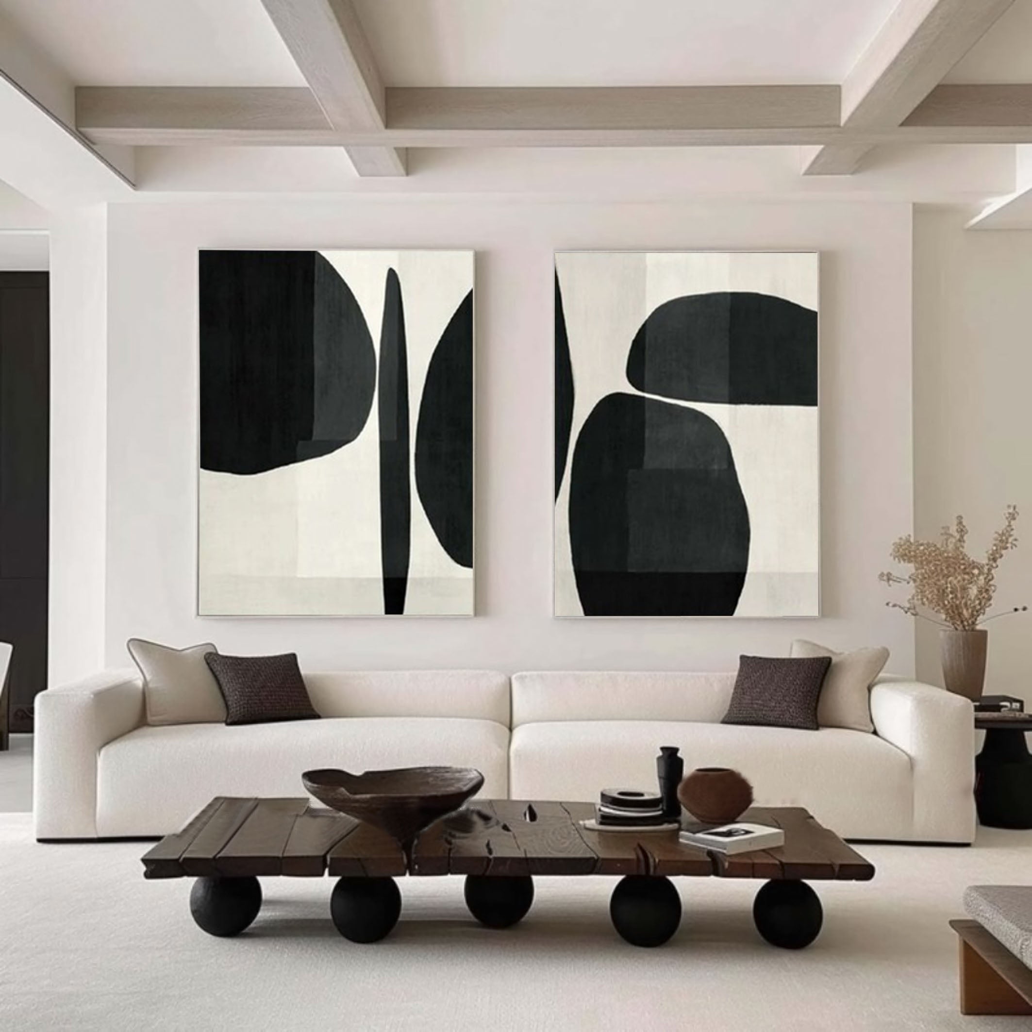 Abstract Geometric Canvas Art Black and White Painting Set of 2 #BWS 001