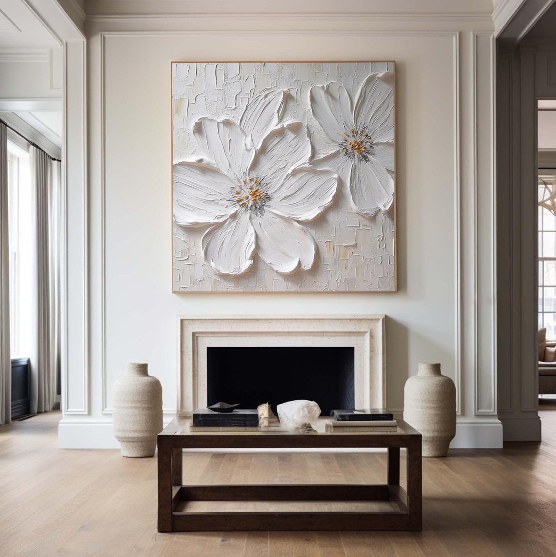 Textured White Blossom Canvas Art Luxurious Floral Wall Decor #FT 029