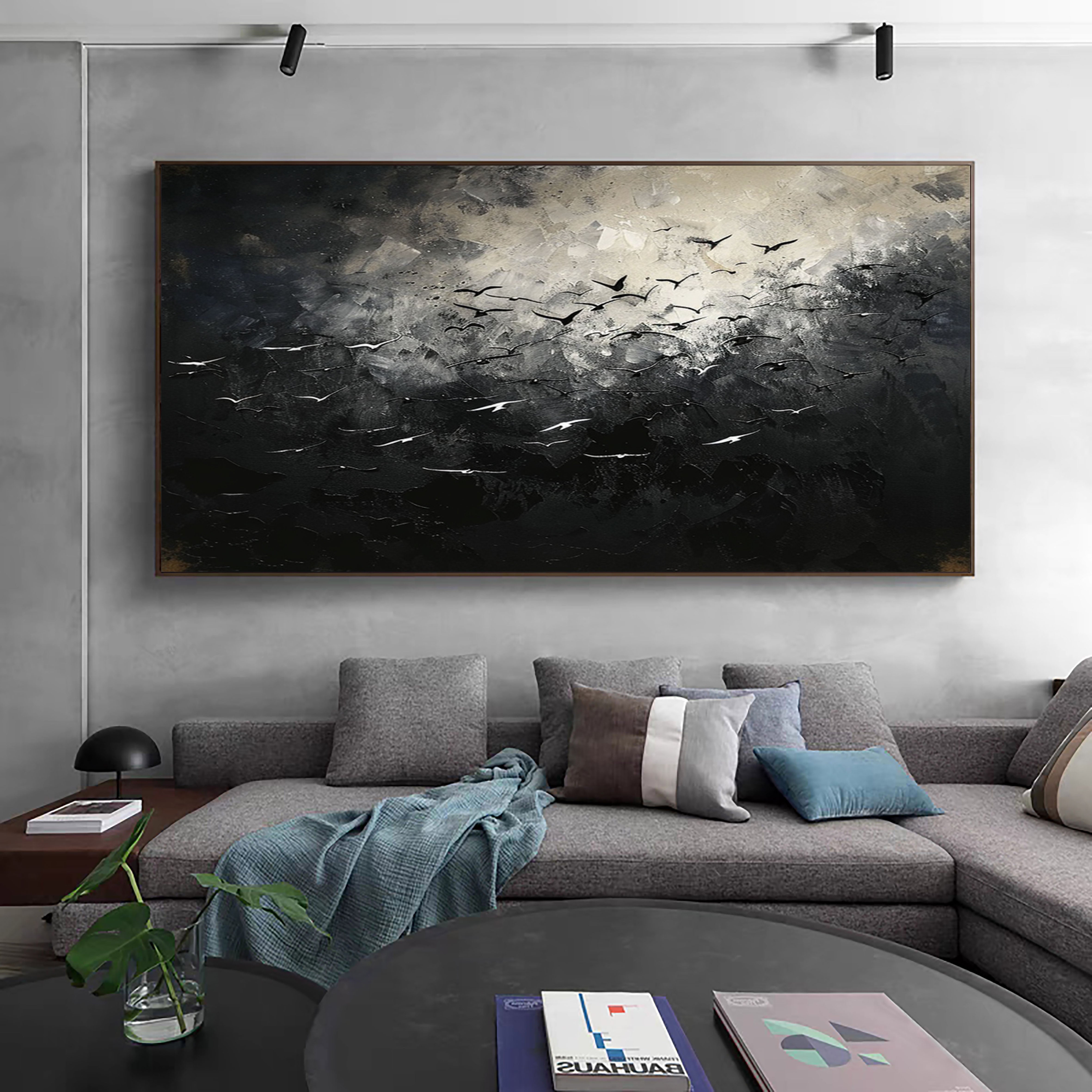 Majestic Birds in Flight Abstract Art Large Black and White Canvas #BM 060