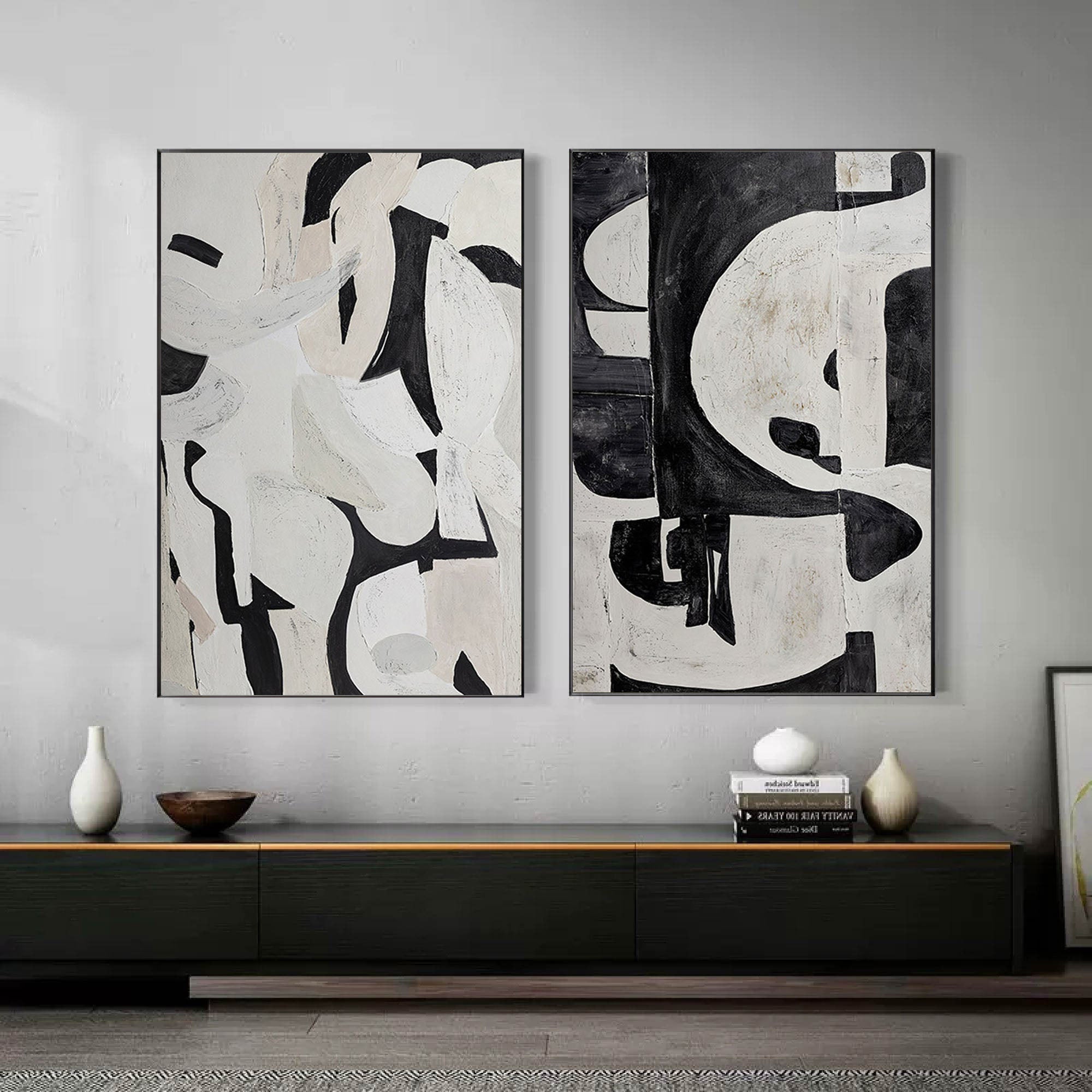 Black & White Abstract  Painting  SET OF 2 #LL 009