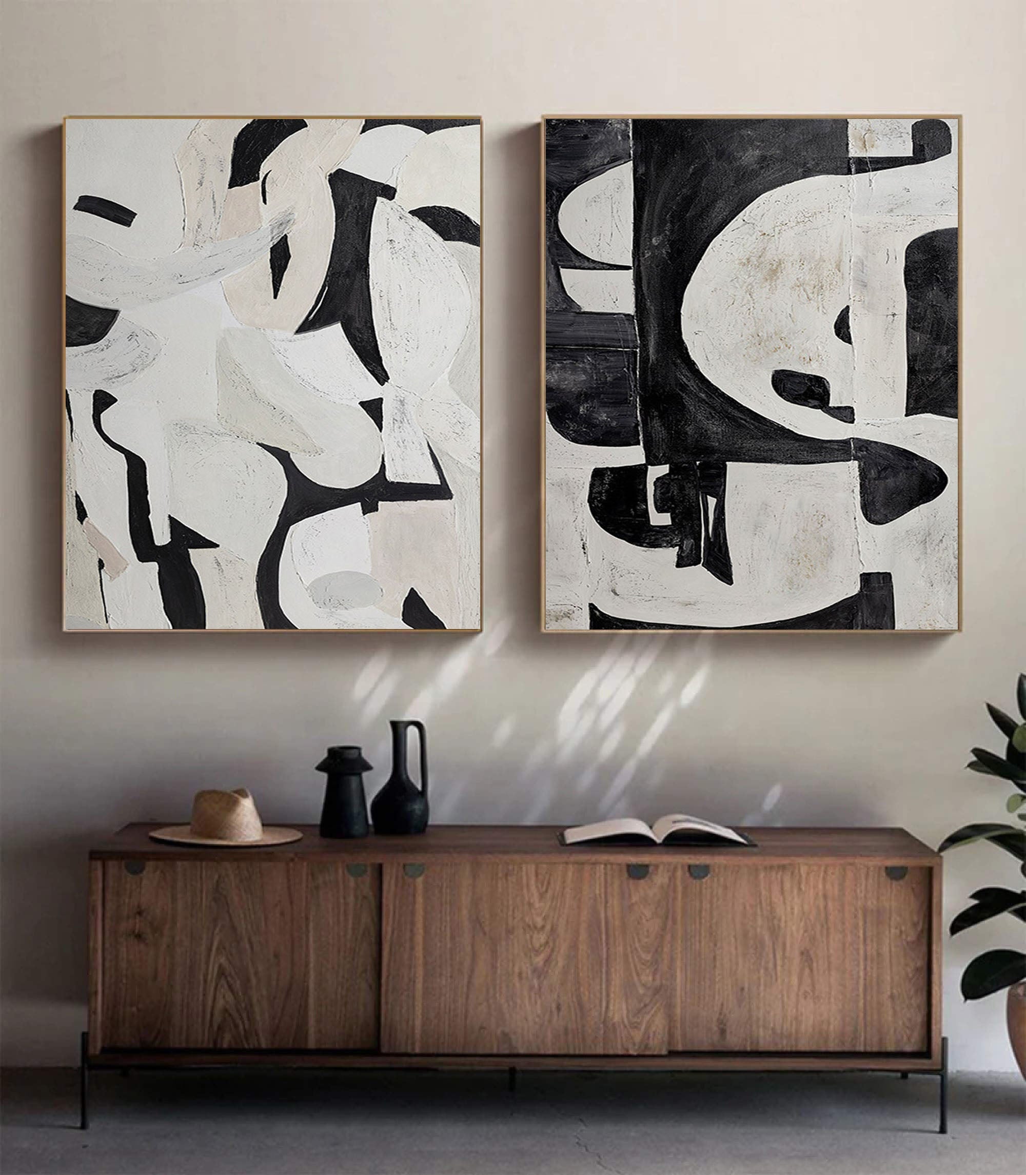 Black & White Abstract  Painting  SET OF 2 #LL 009