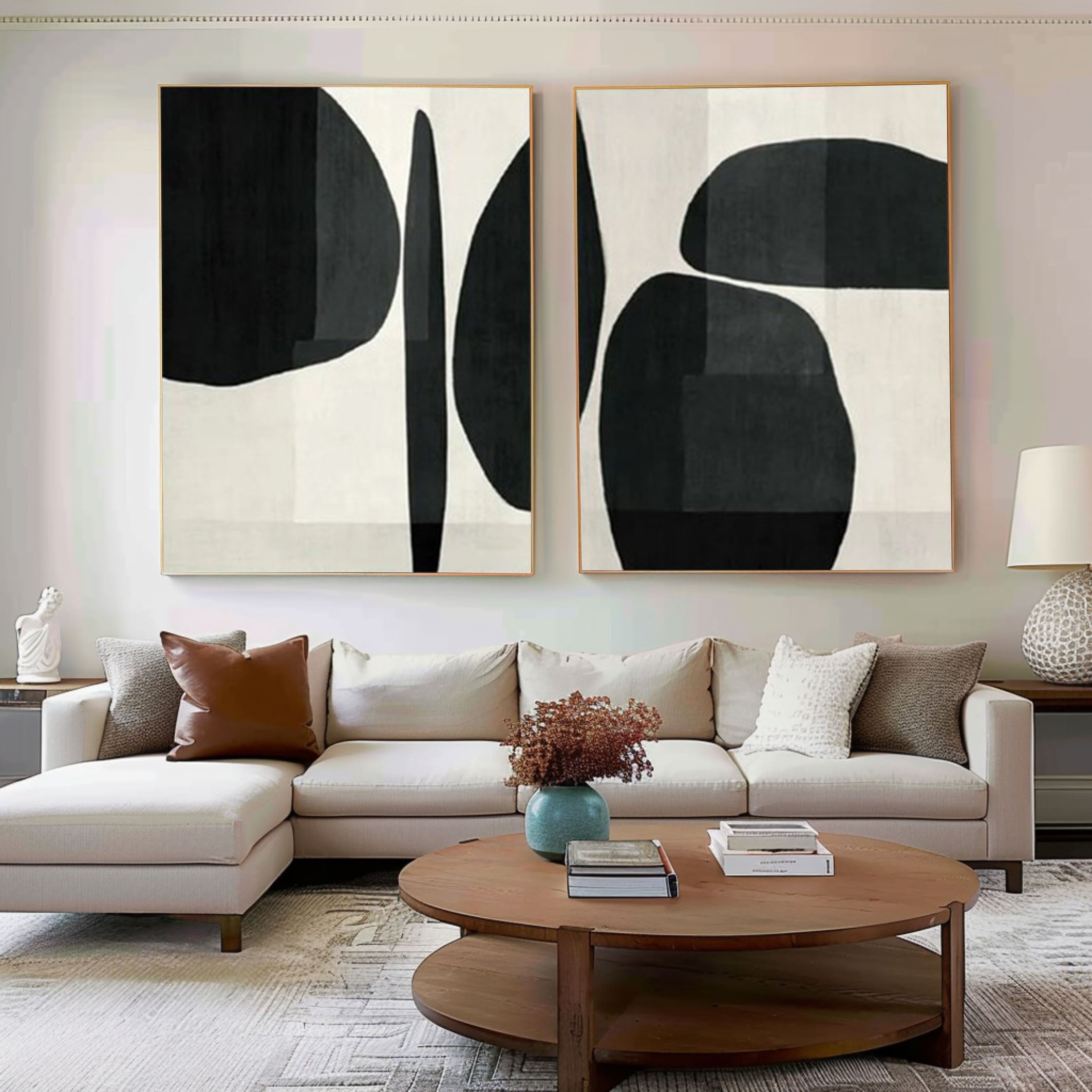 Abstract Geometric Canvas Art Black and White Painting Set of 2 #BWS 001