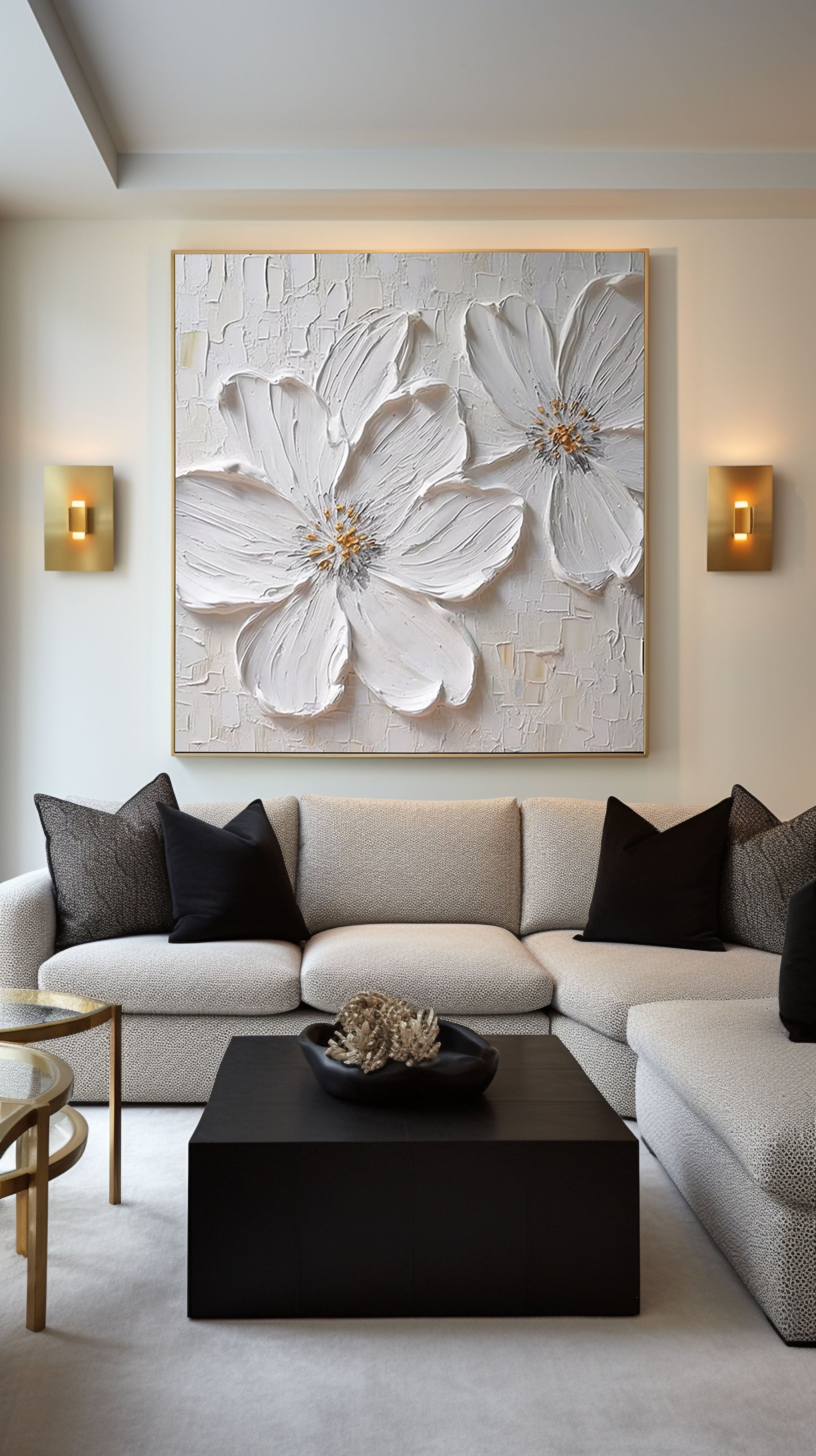 Textured White Blossom Canvas Art Luxurious Floral Wall Decor #FT 029