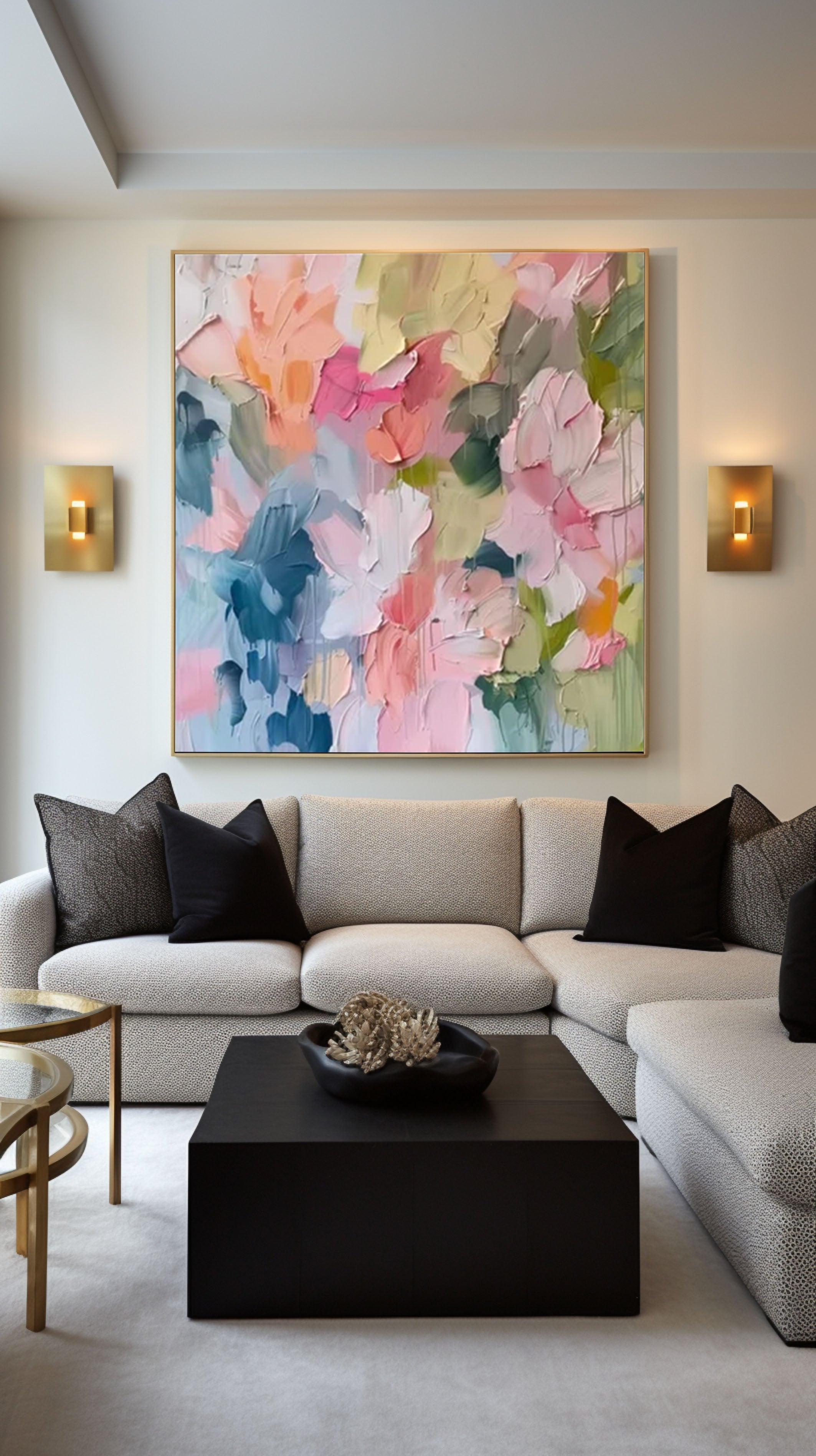 Blossoming Pink Peonies Canvas Art Impressionist Floral Wall Decor #FT 028