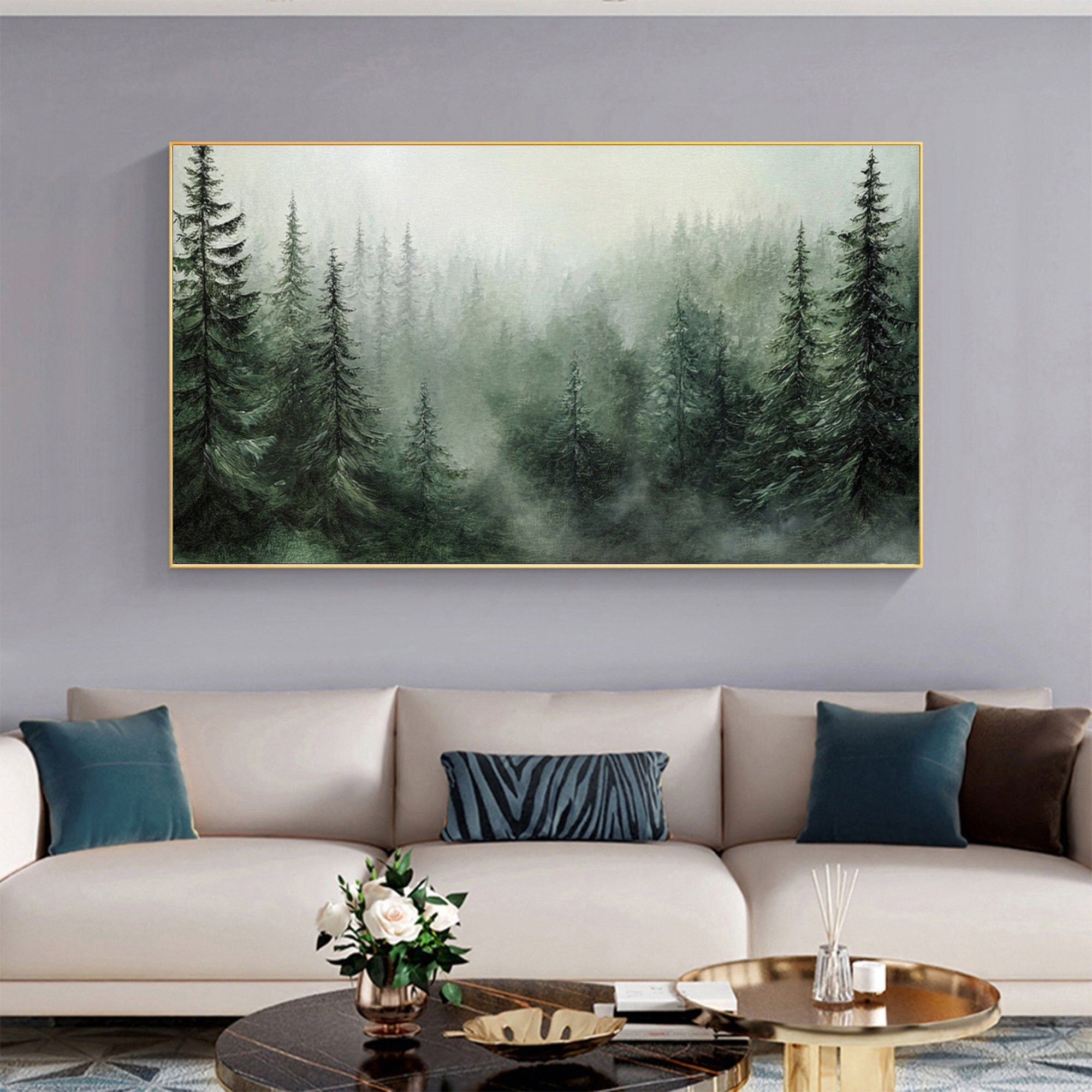 Modern Forest Wall Art Misty Pine Trees Oil Painting for Home Decor #FT 014