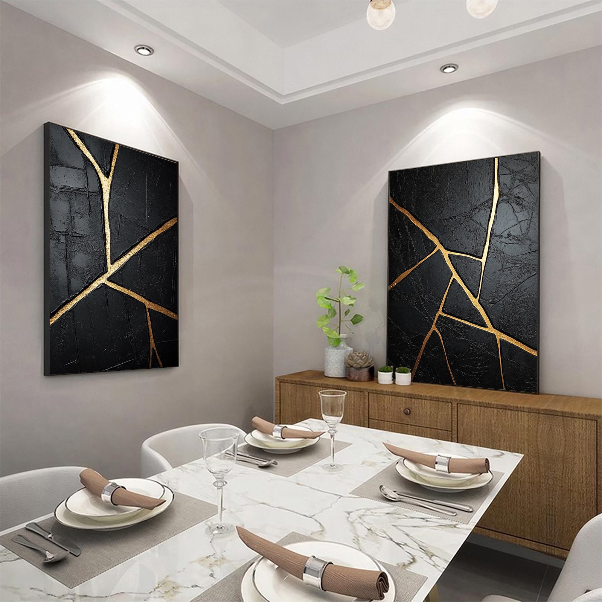 Modern Black and Gold Textured Painting for Elegant Home Interiors Set Of 2 #BMS 003