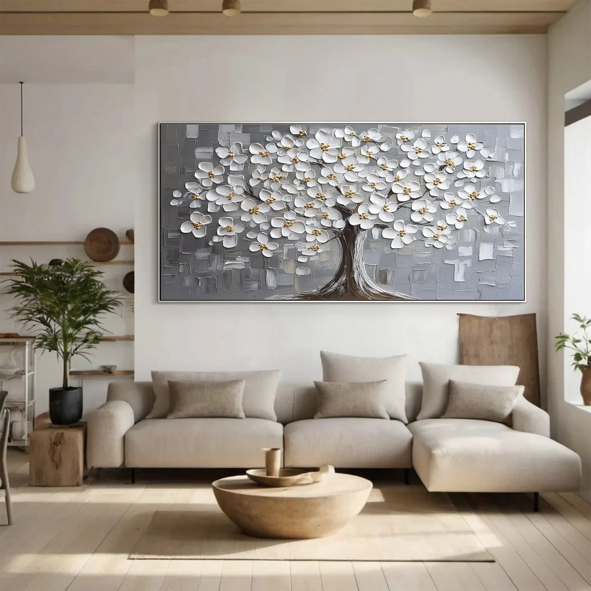 Serene Silver Blossom Tree Artwork - Elegant Living Room Decor #FT 063