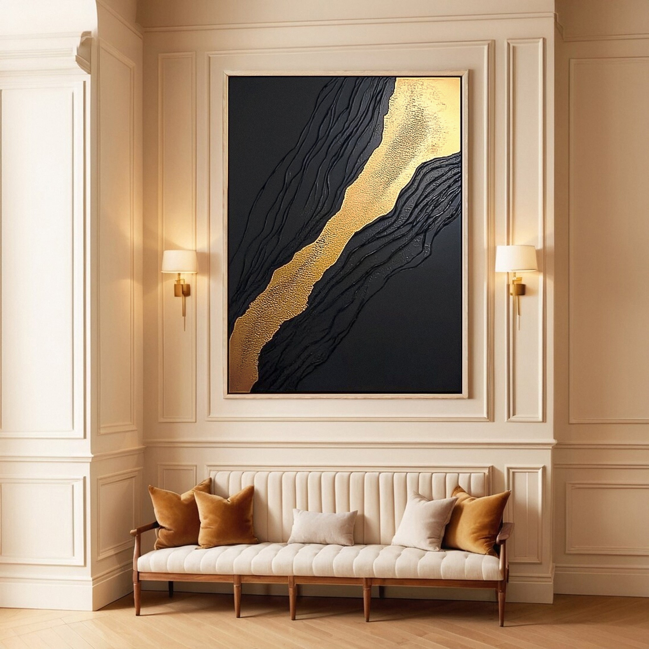 Luxury Waves Black and Gold Abstract Canvas Art #BM 083