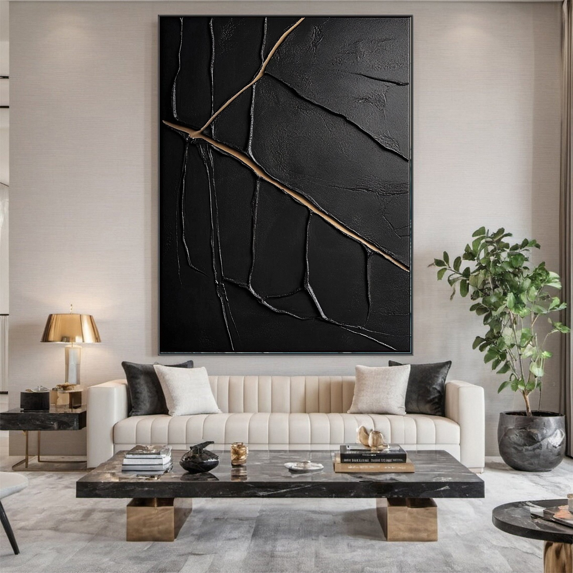 Modern Black and Gold Textured Painting for Elegant Home Interiors #BM 063