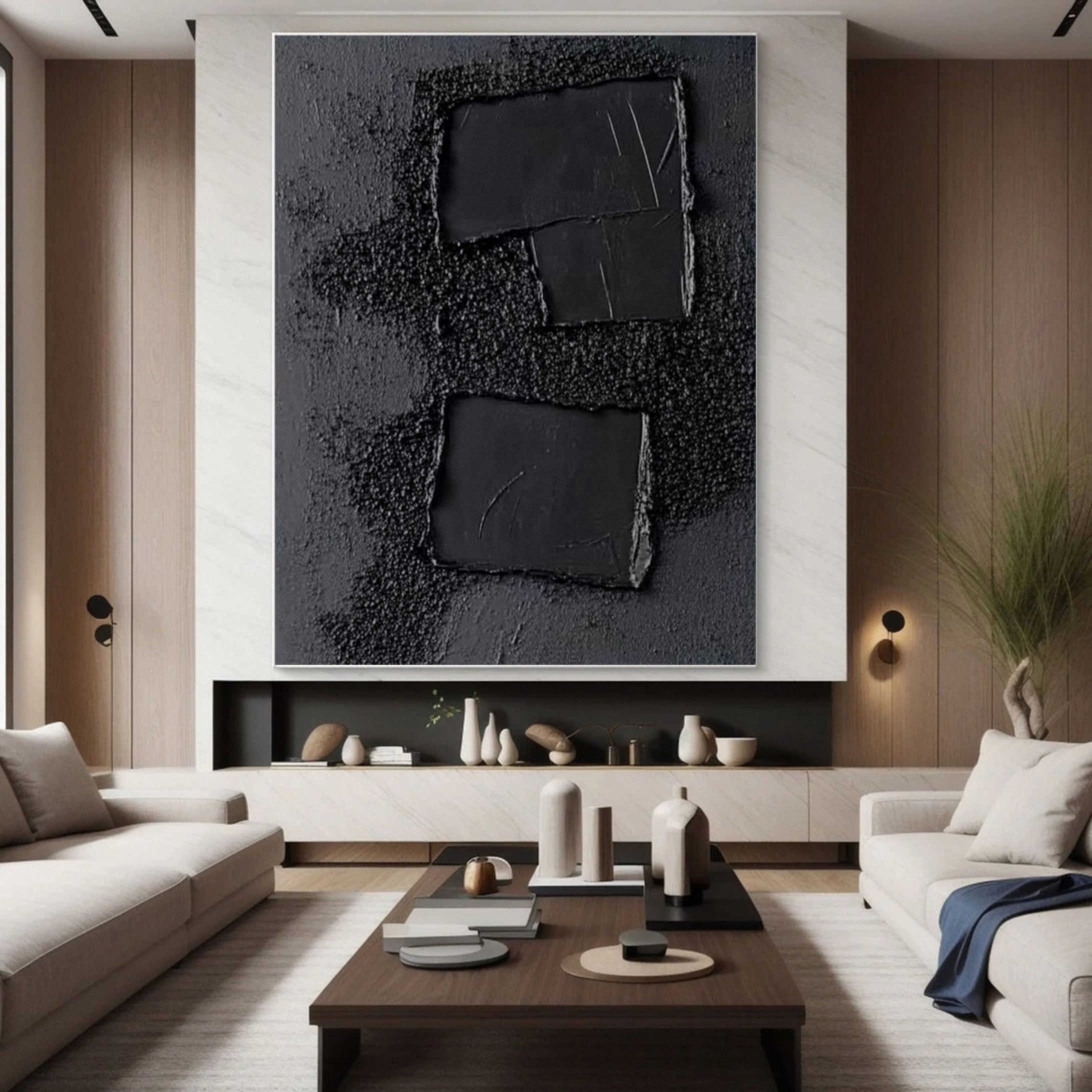 Elegant Black Abstract Sculpture Paintin Textured Canvas Art #BM 072