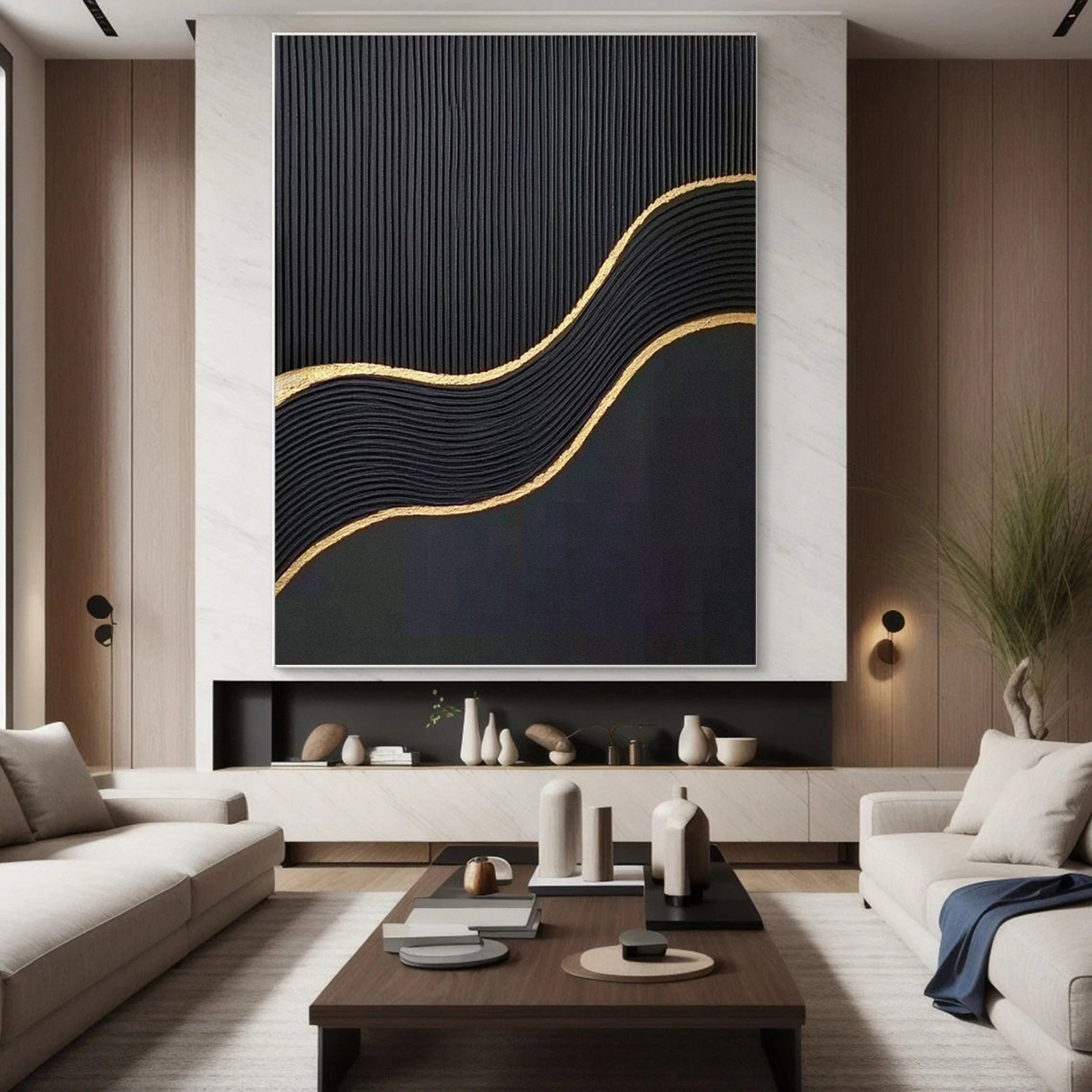 Luxury Waves Black and Gold Abstract Canvas Art #BM 079