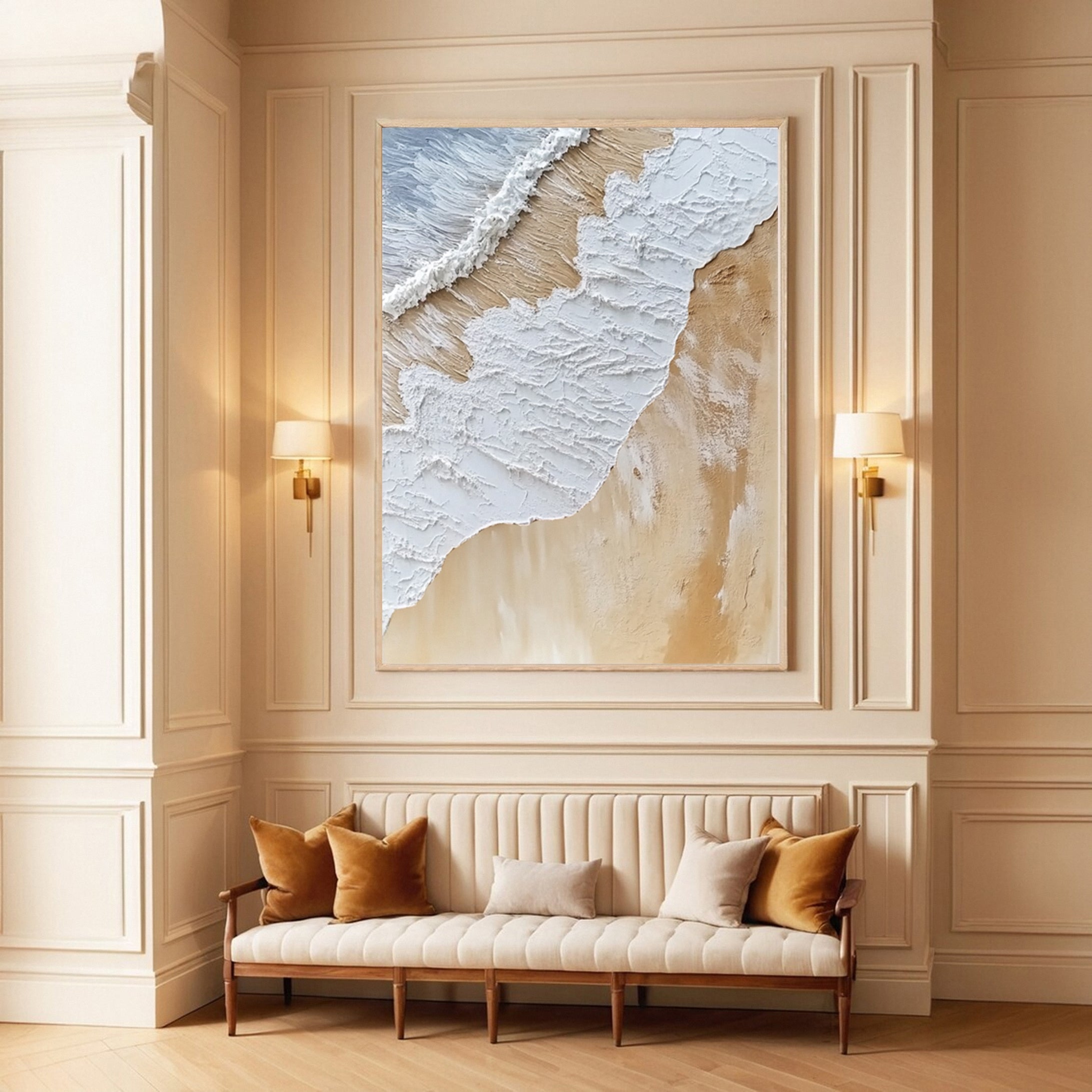 Luxurious Textured Abstract Canvas Art Gold and White Waves #OS 029