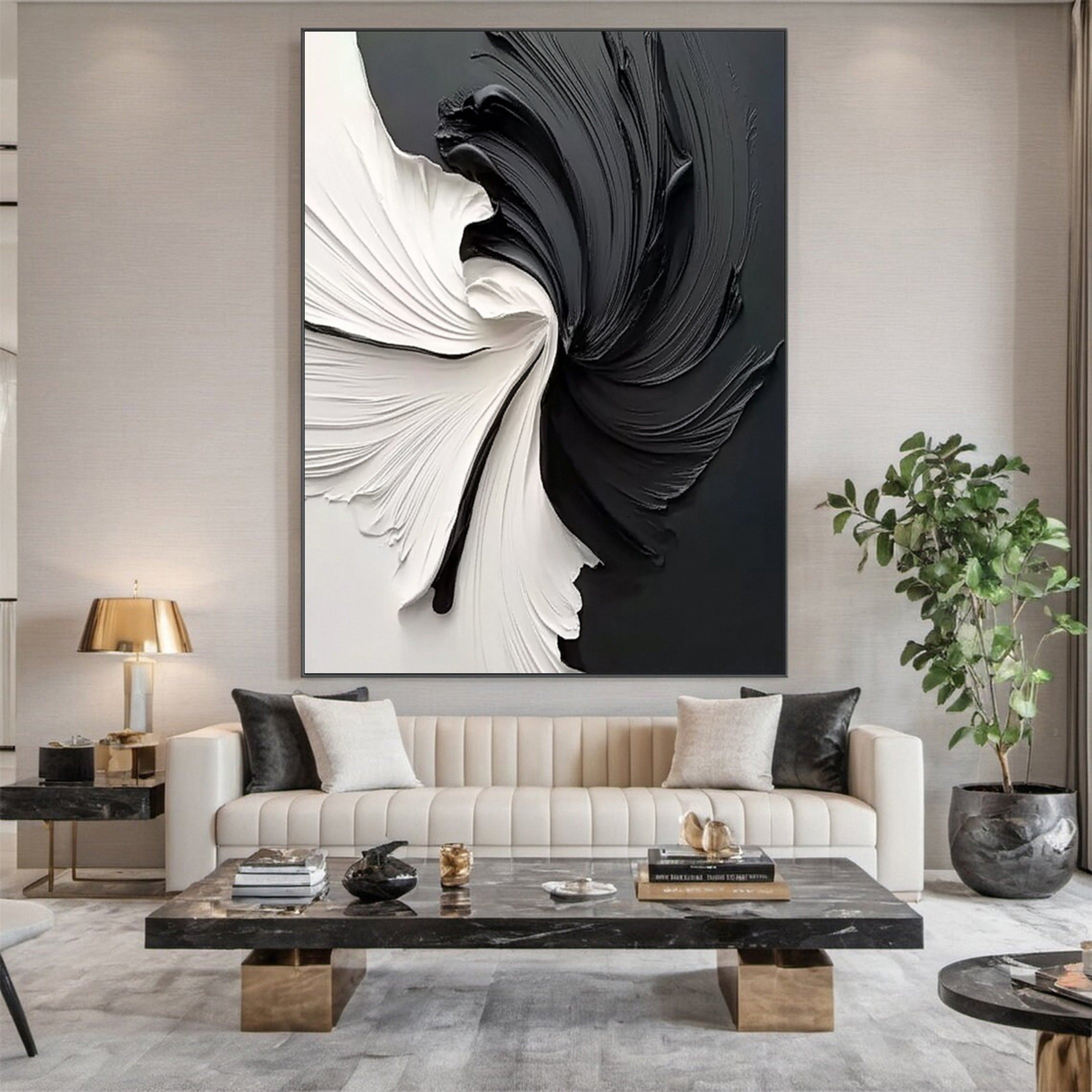 Large Black & White Abstract Textured Canvas Art #BM 091