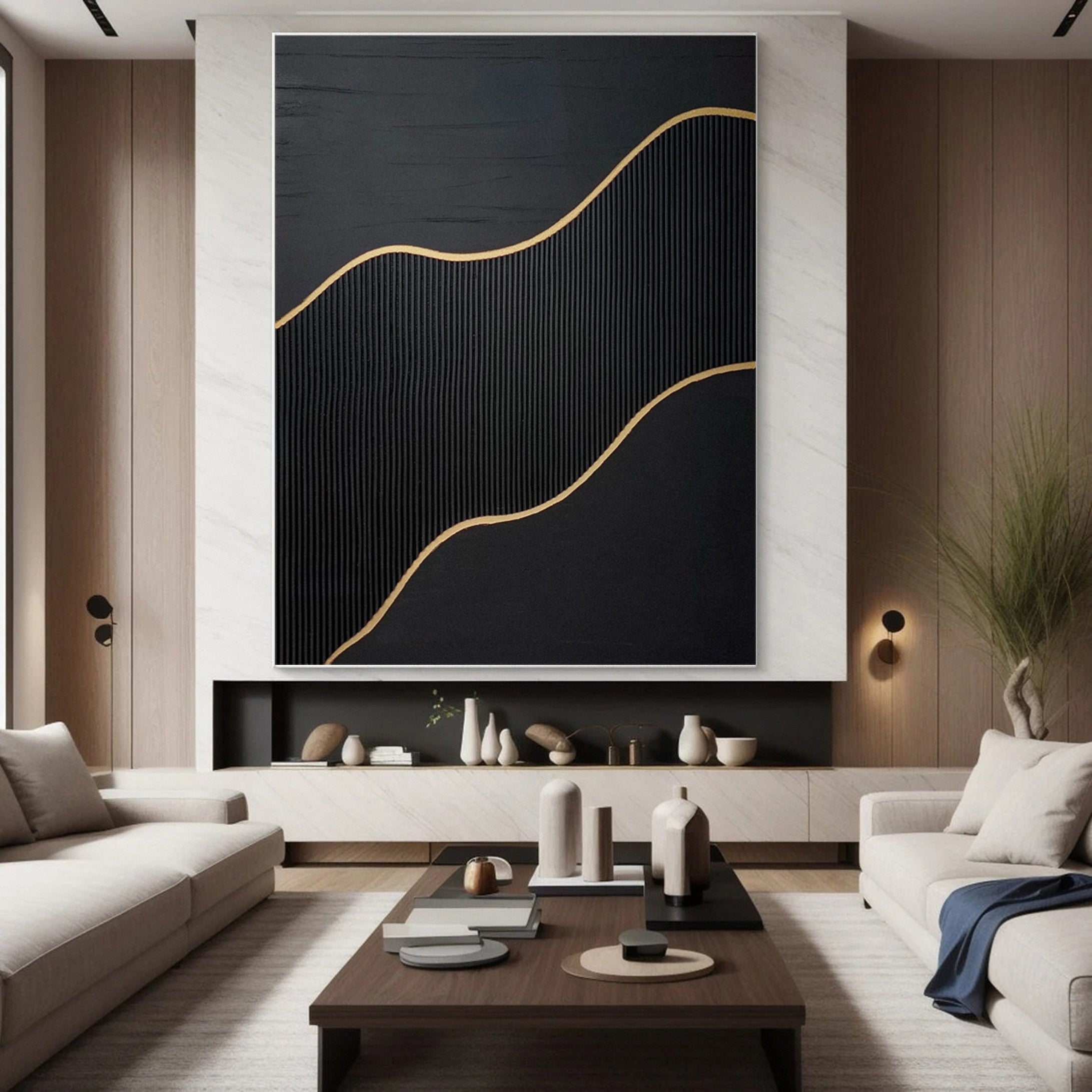 Luxury Waves Black and Gold Abstract Canvas Art #BM 080