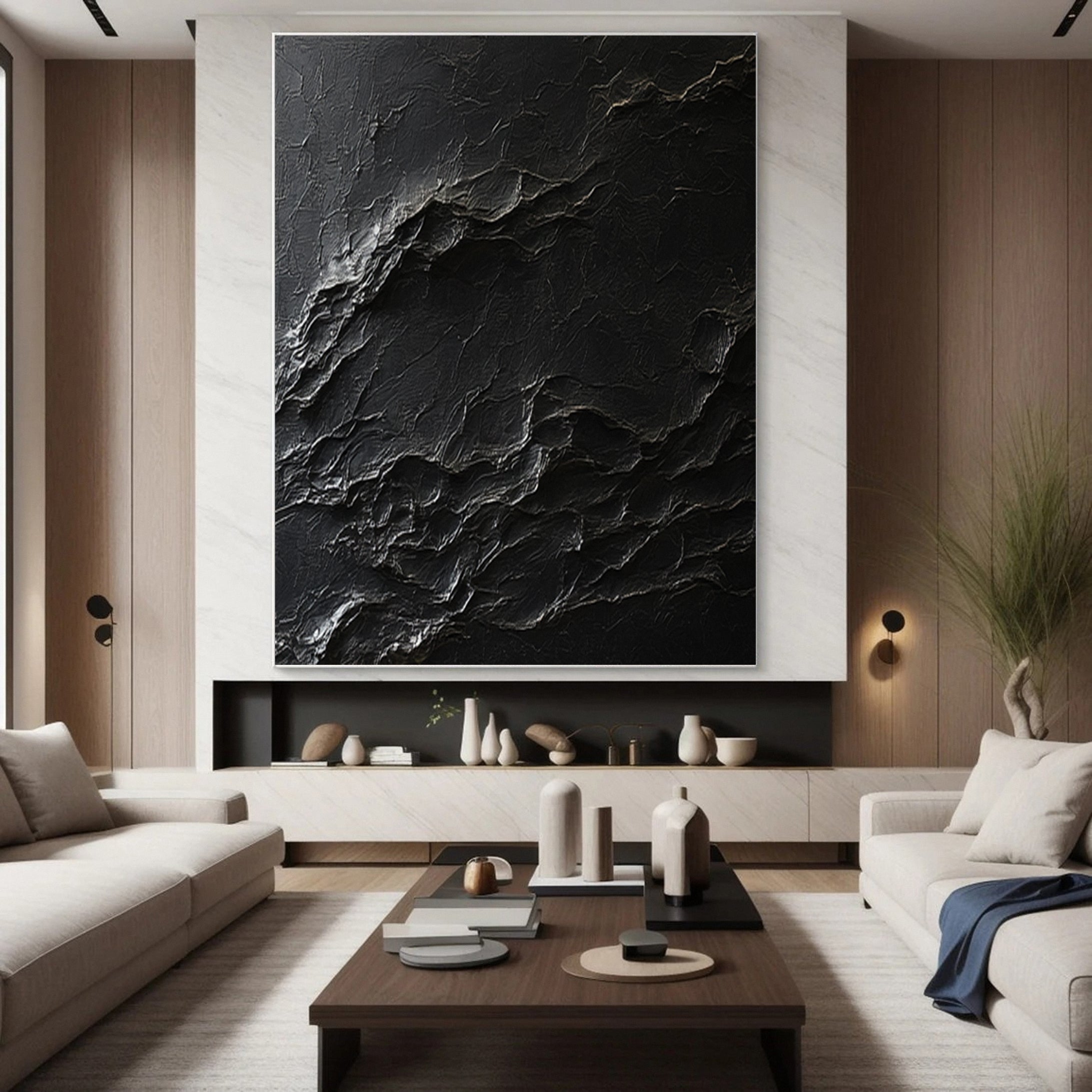 Elegant Black Abstract Sculpture Paintin Textured Canvas Art #BM 074