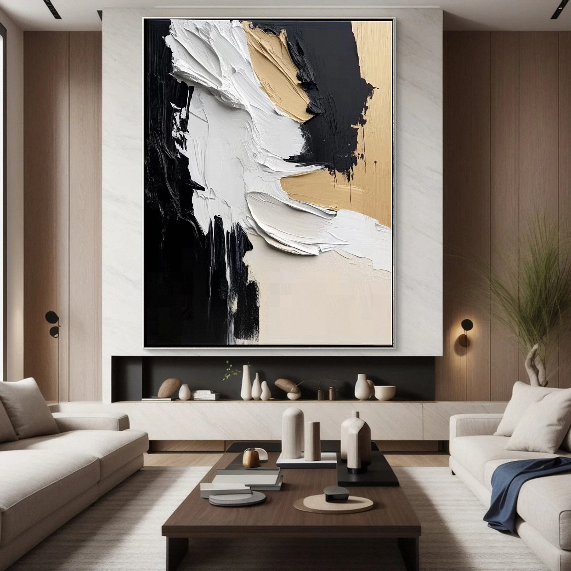 Luxury Abstract Wall Art Chic Black and Gold Brush Strokes #BBM 041