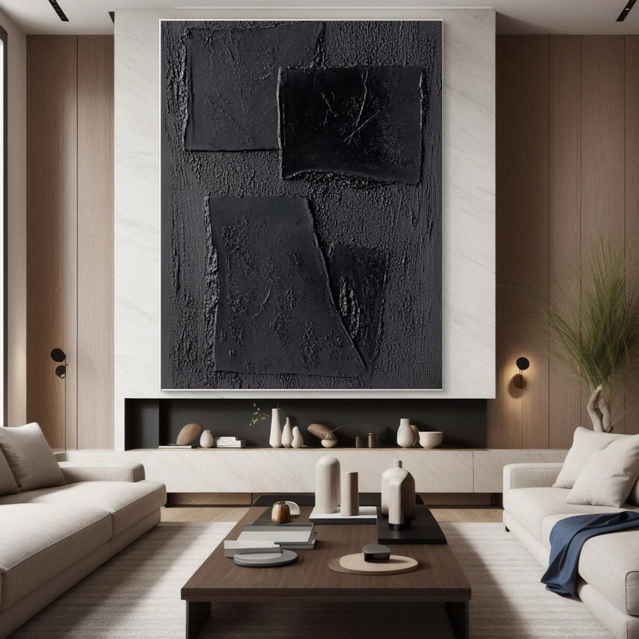 Elegant Black Abstract Sculpture Paintin Textured Canvas Art #BM 073