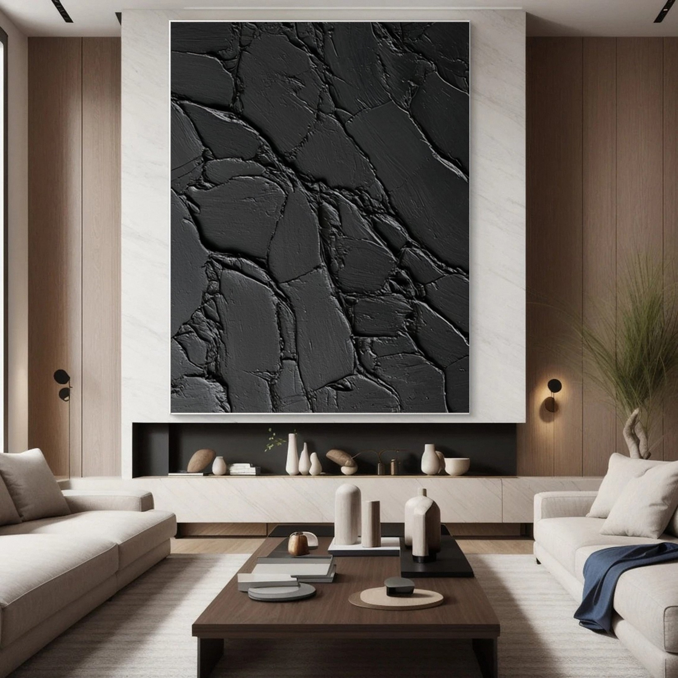 Elegant Black Abstract Sculpture Paintin Textured Canvas Art #BM 075