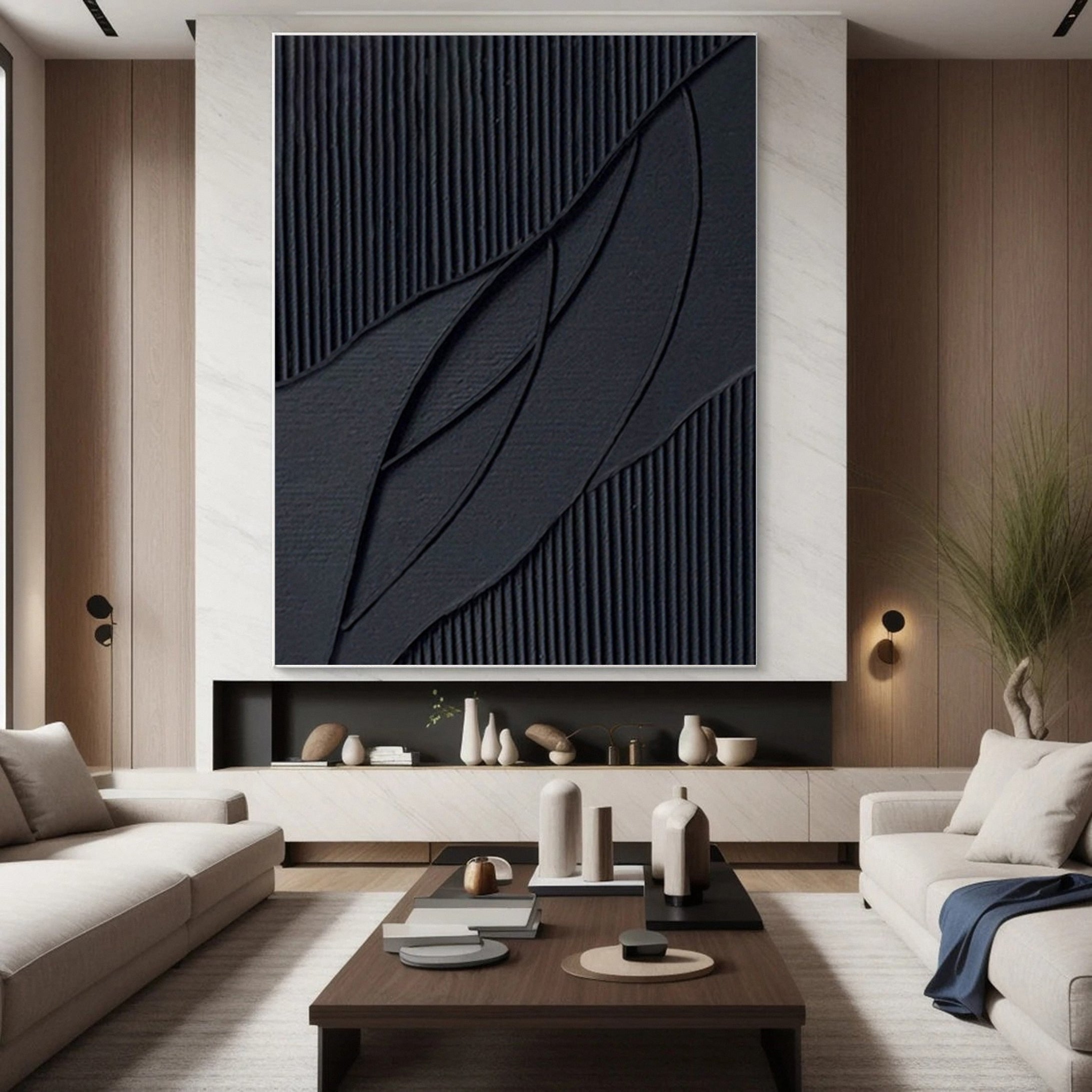 Elegant Black Abstract Sculpture Paintin Textured Canvas Art #BM 070