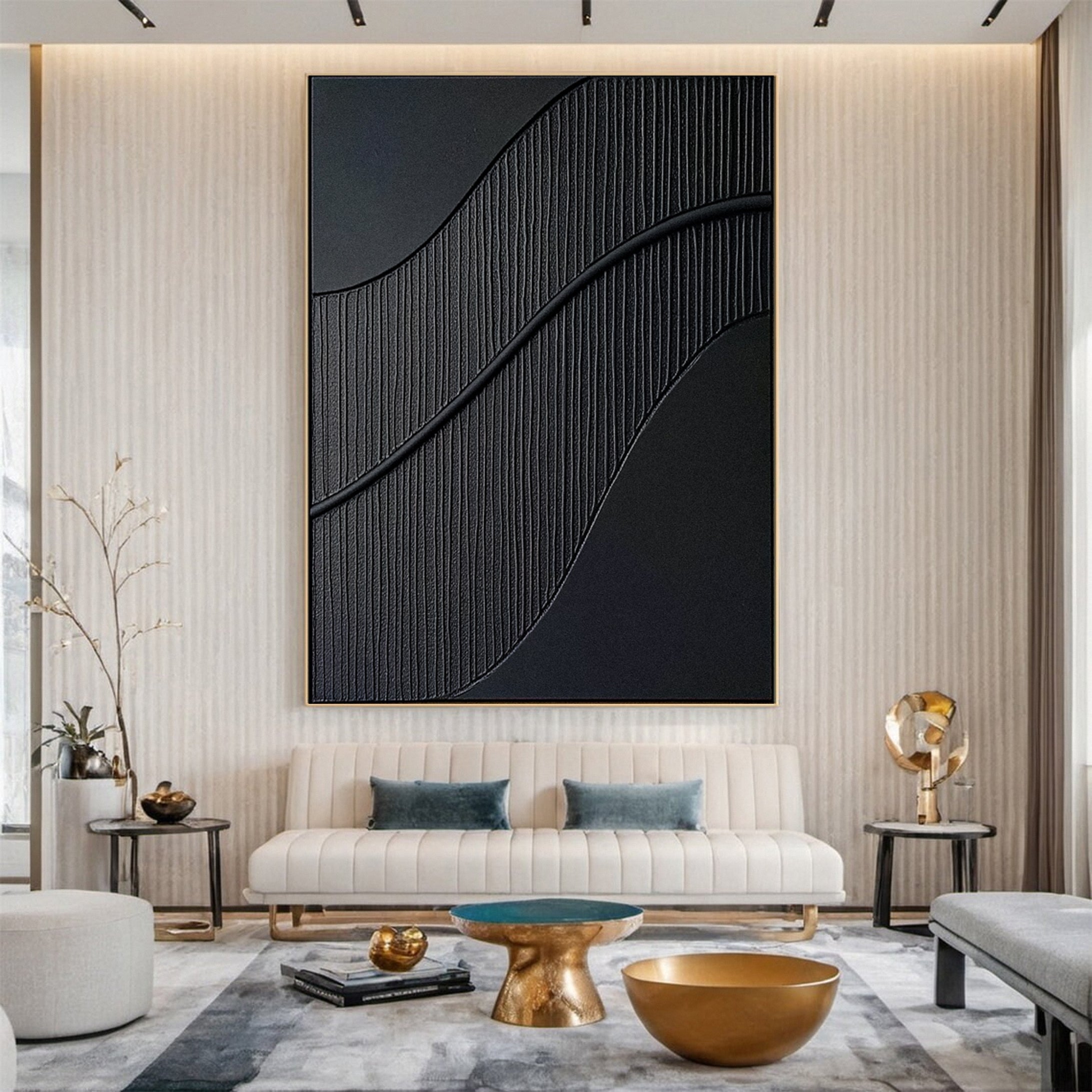 Elegant Black Abstract Sculpture Paintin Textured Canvas Art #BM 071