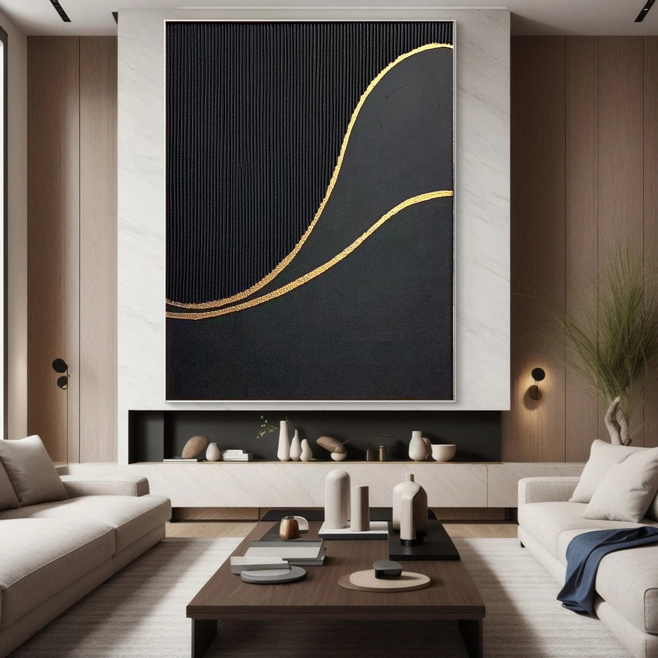 Luxury Waves Black and Gold Abstract Canvas Art #BM 078